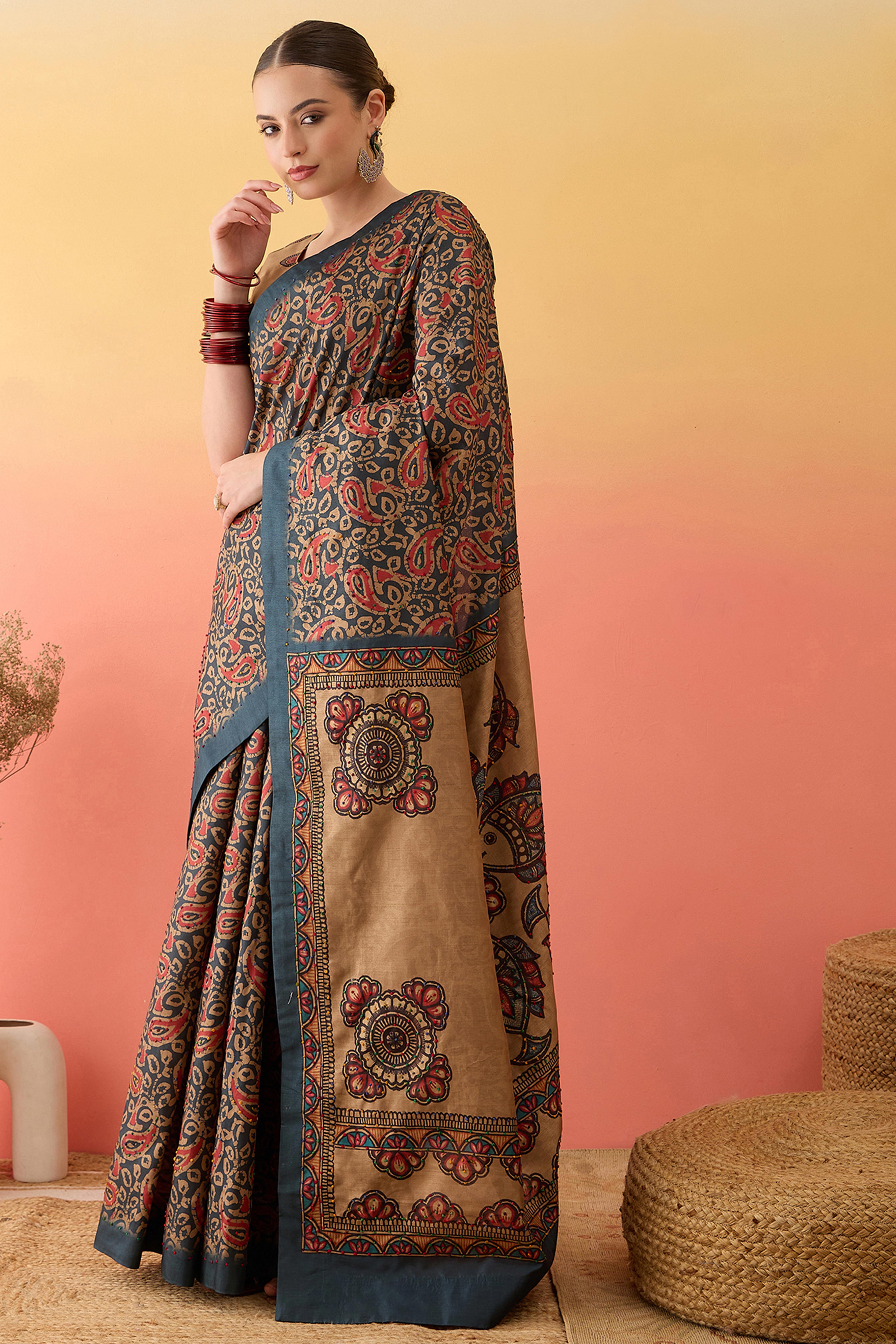 Grey Printed Kalamkari Cotton Silk Saree Exquisite Knot Work Detailing Ethnic Charm