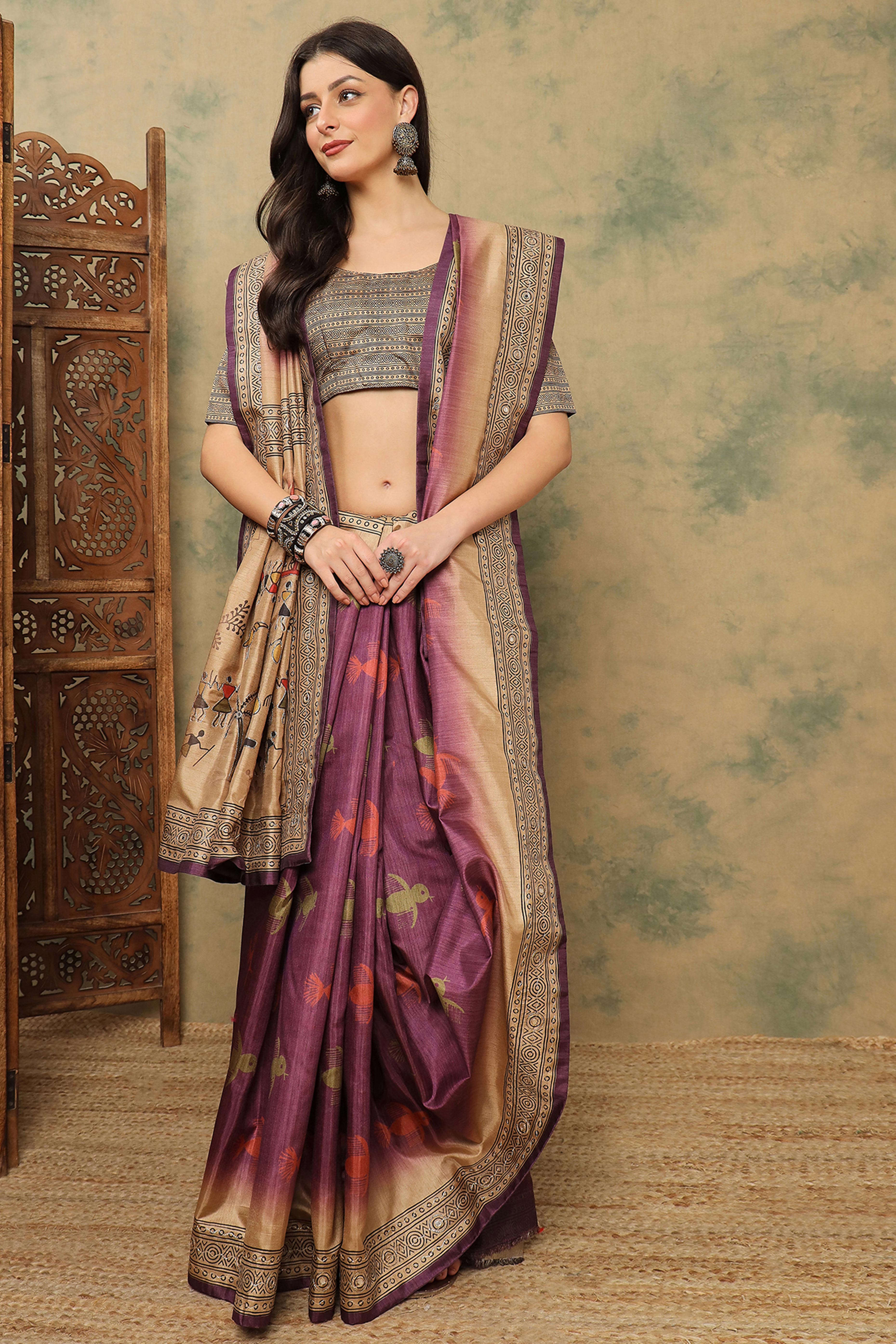 Wine Warli Folk Art Printed Cotton Silk Saree Flowy Drape Festive Wear