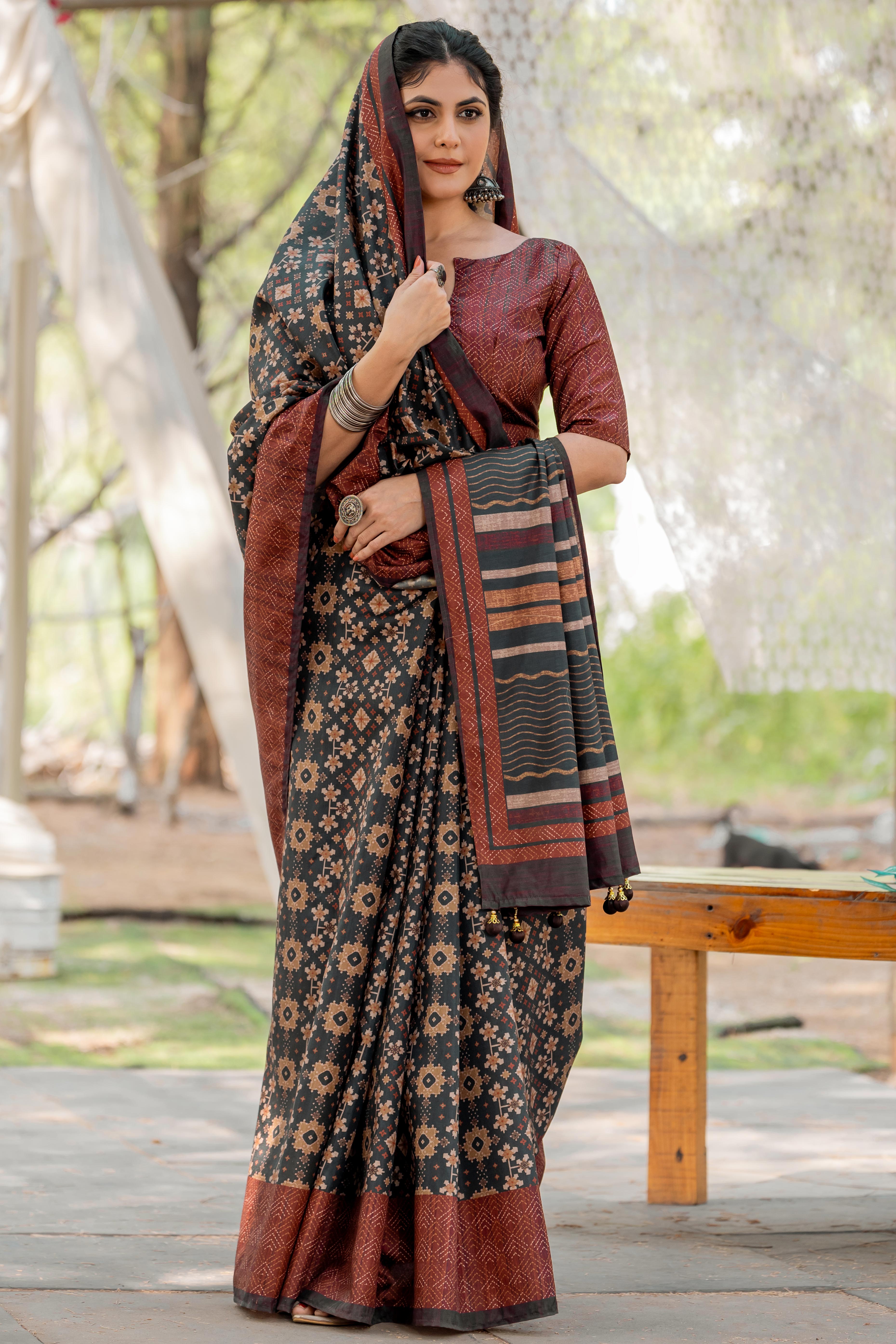 Black Kozi Cotton Silk Saree With Digital Prints and Soft Tassel Edging