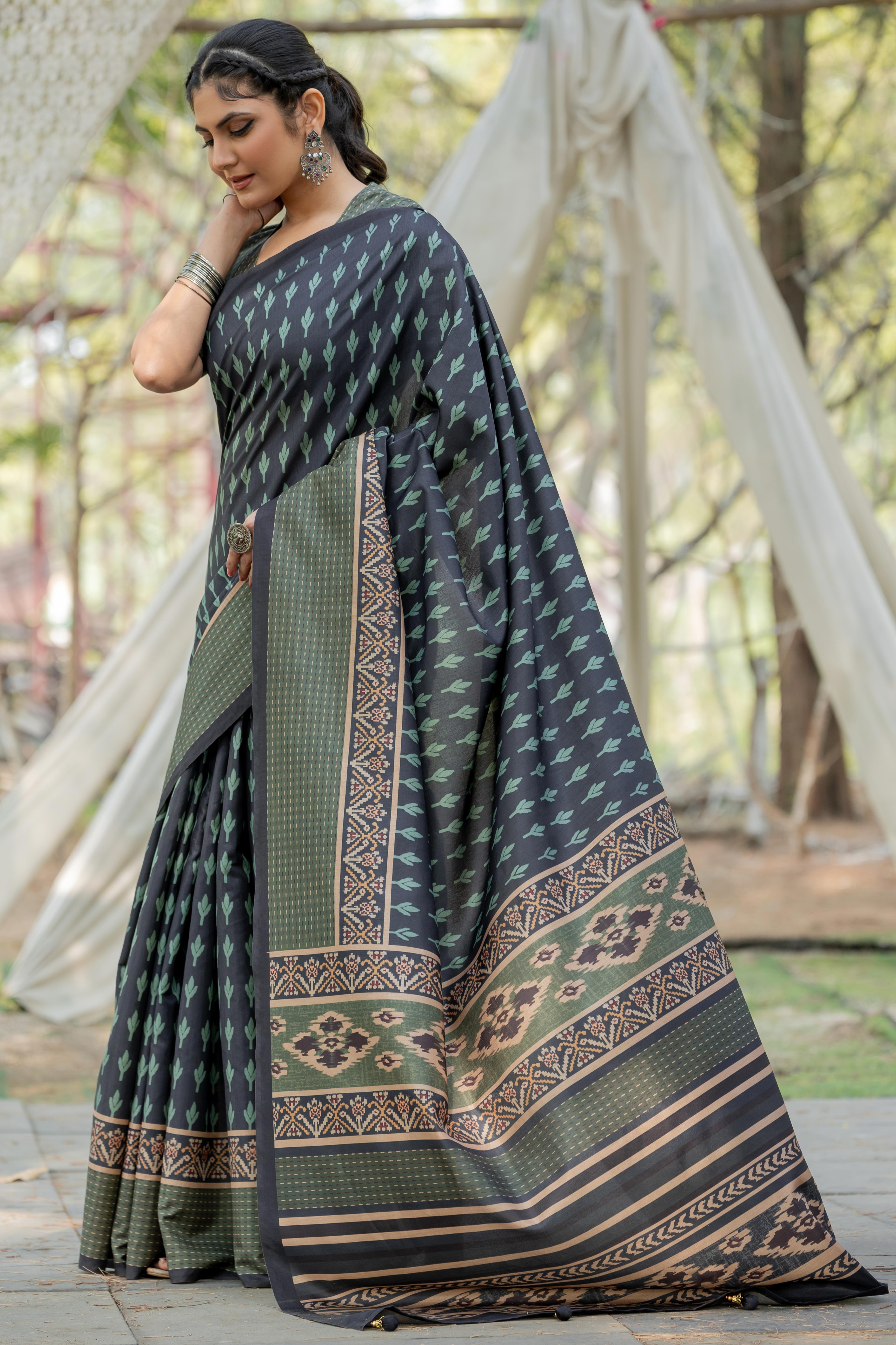Navy Blue Kozi Cotton Silk Saree Showcasing Digital Prints and Soft Tassel Edging