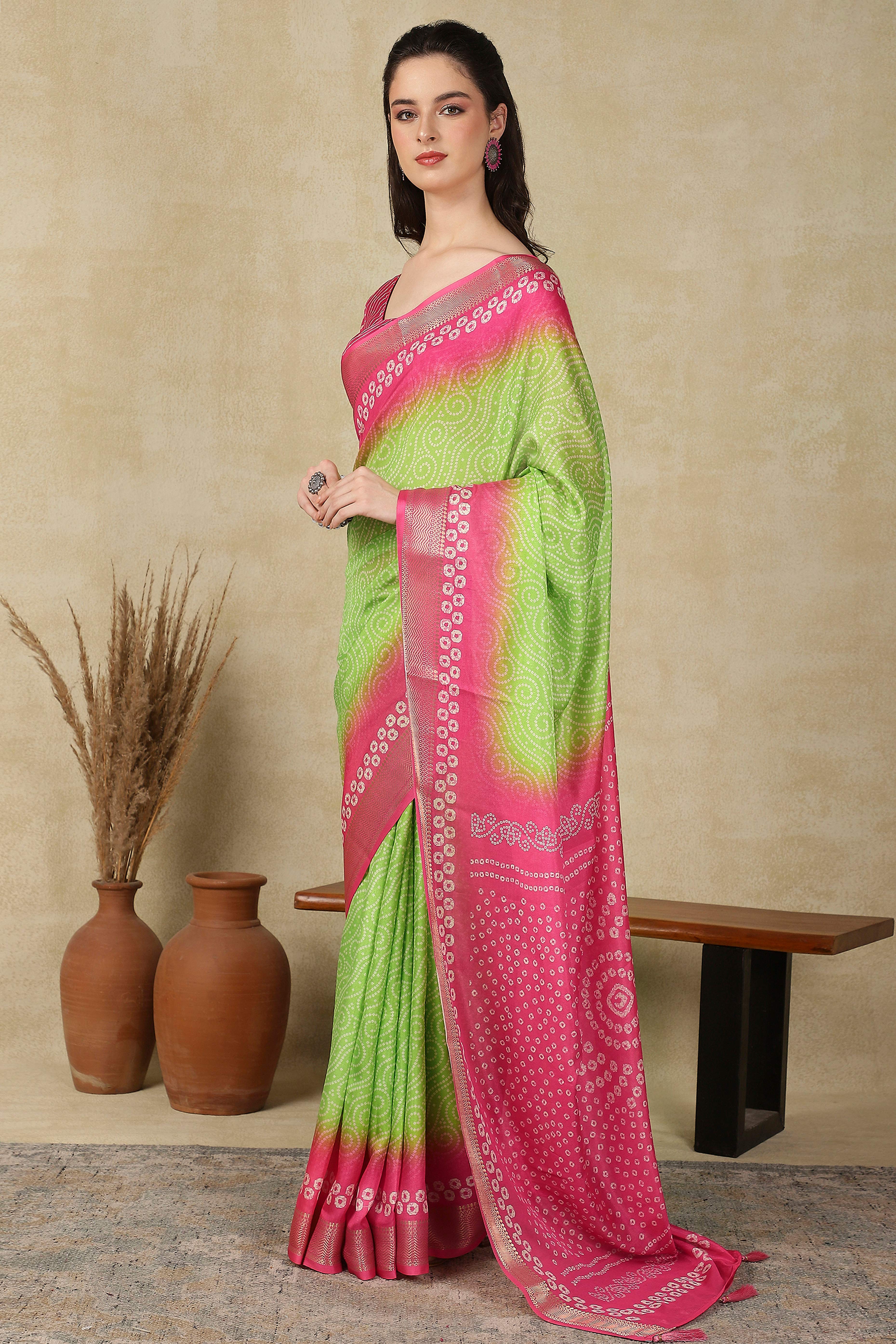 Luxury Green & Pink Bandhani Print Cotton Silk Saree Featuring Weaving Border & Tassel Pallu
