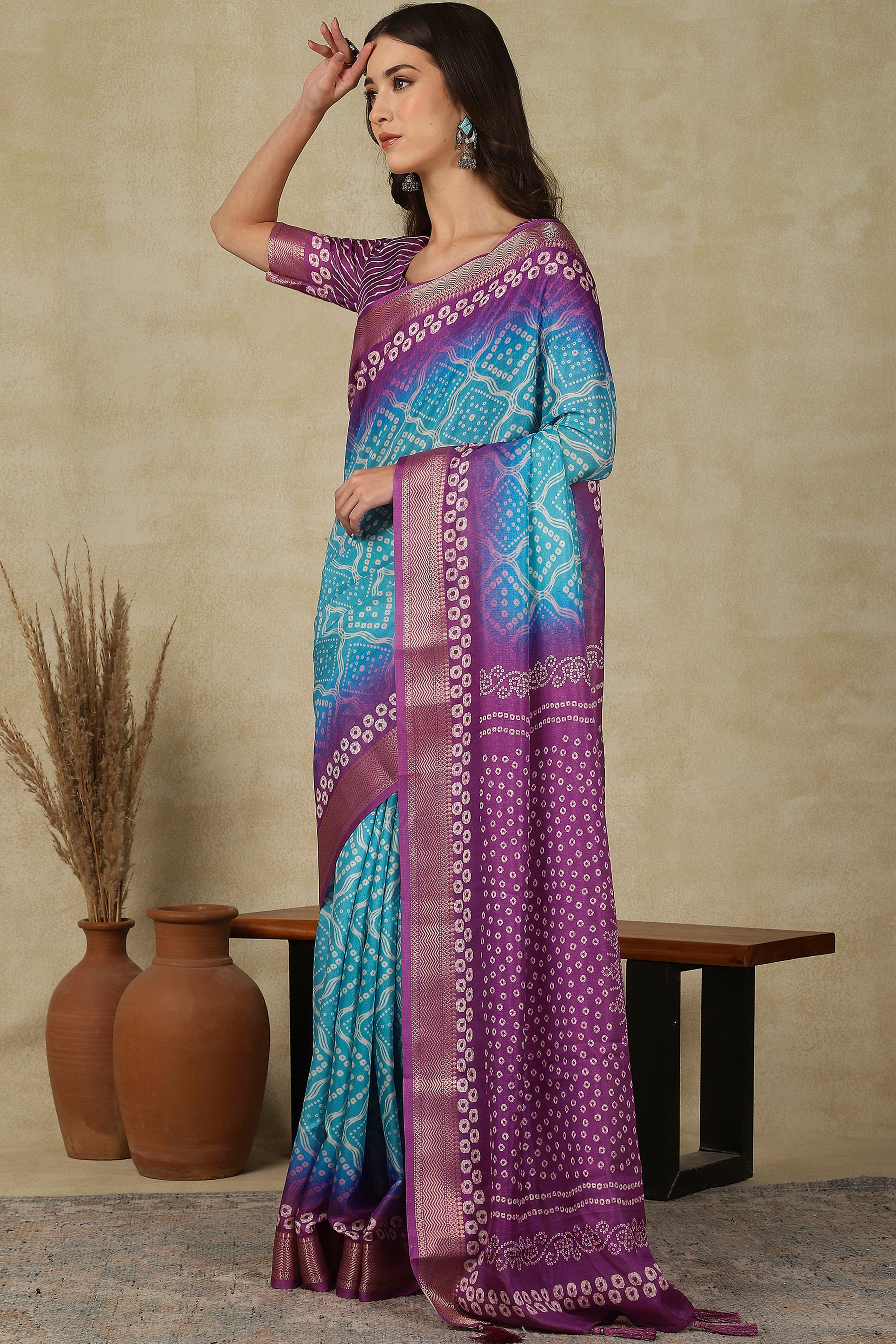 Luxury Blue & Purple Bandhani Print Cotton Silk Saree Featuring Weaving Border & Tassel Pallu