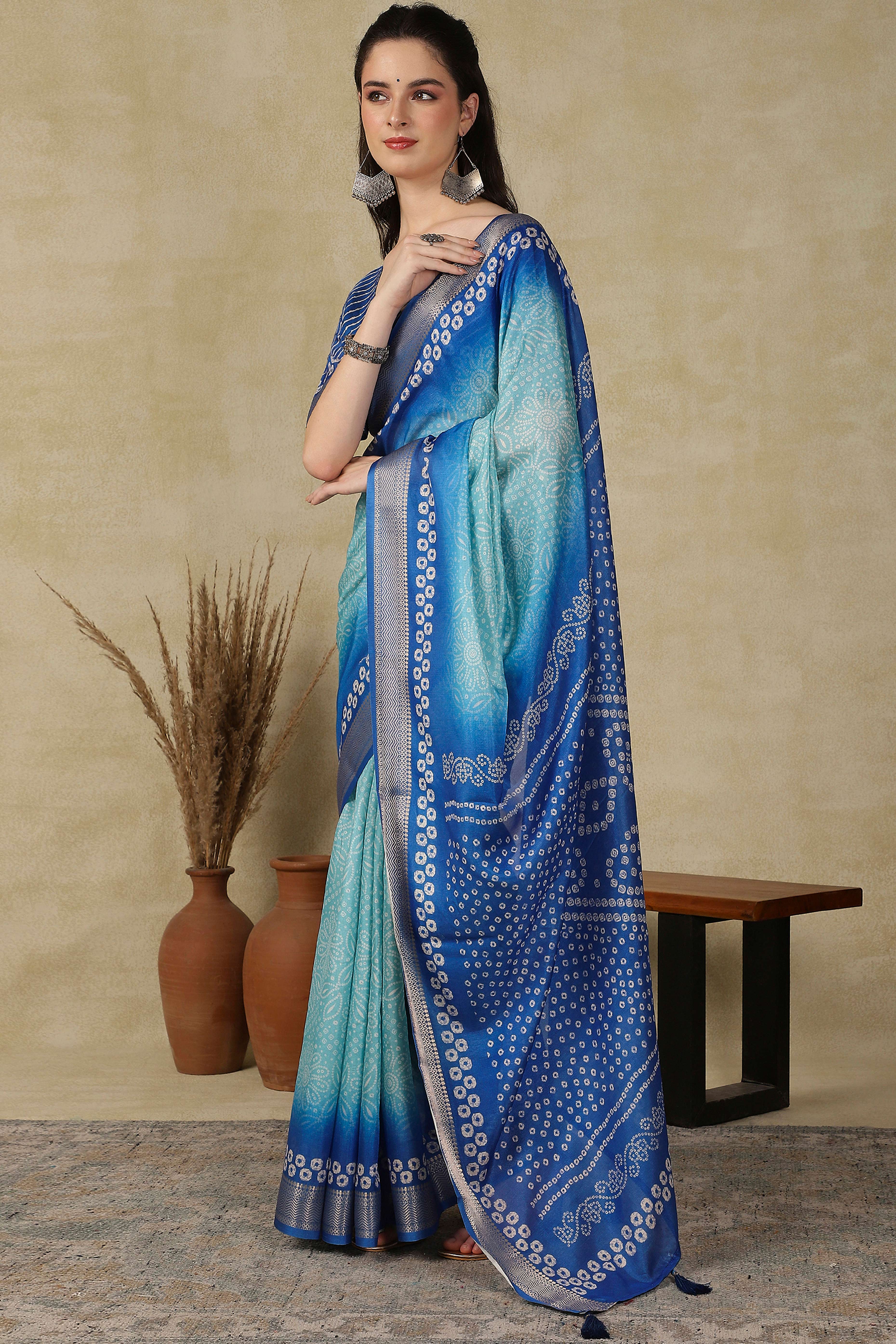 Luxury Blue Bandhani Print Cotton Silk Saree Featuring Weaving Border & Tassel Pallu