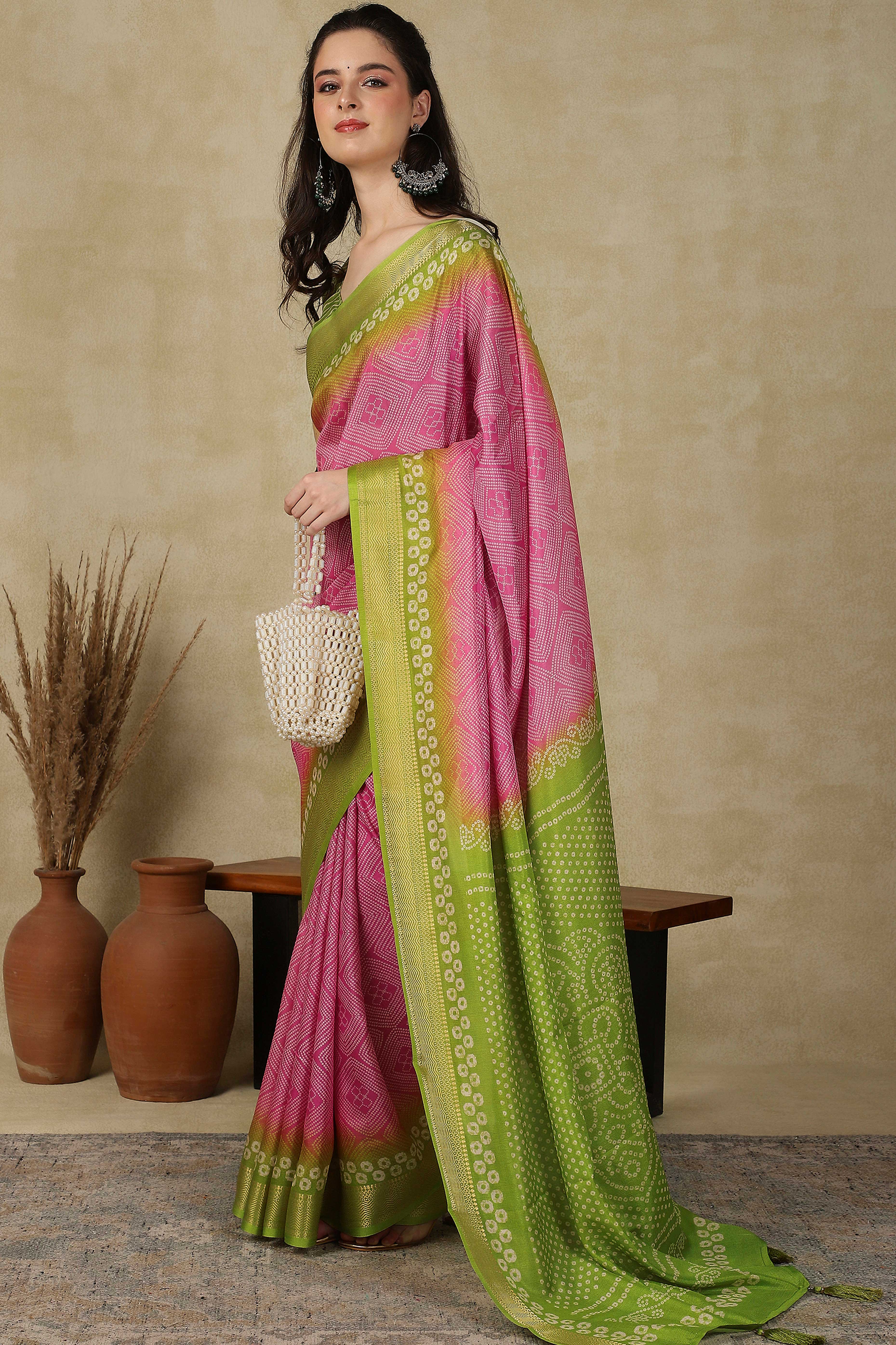 Luxury Pink & Green Bandhani Print Cotton Silk Saree Featuring Weaving Border & Tassel Pallu