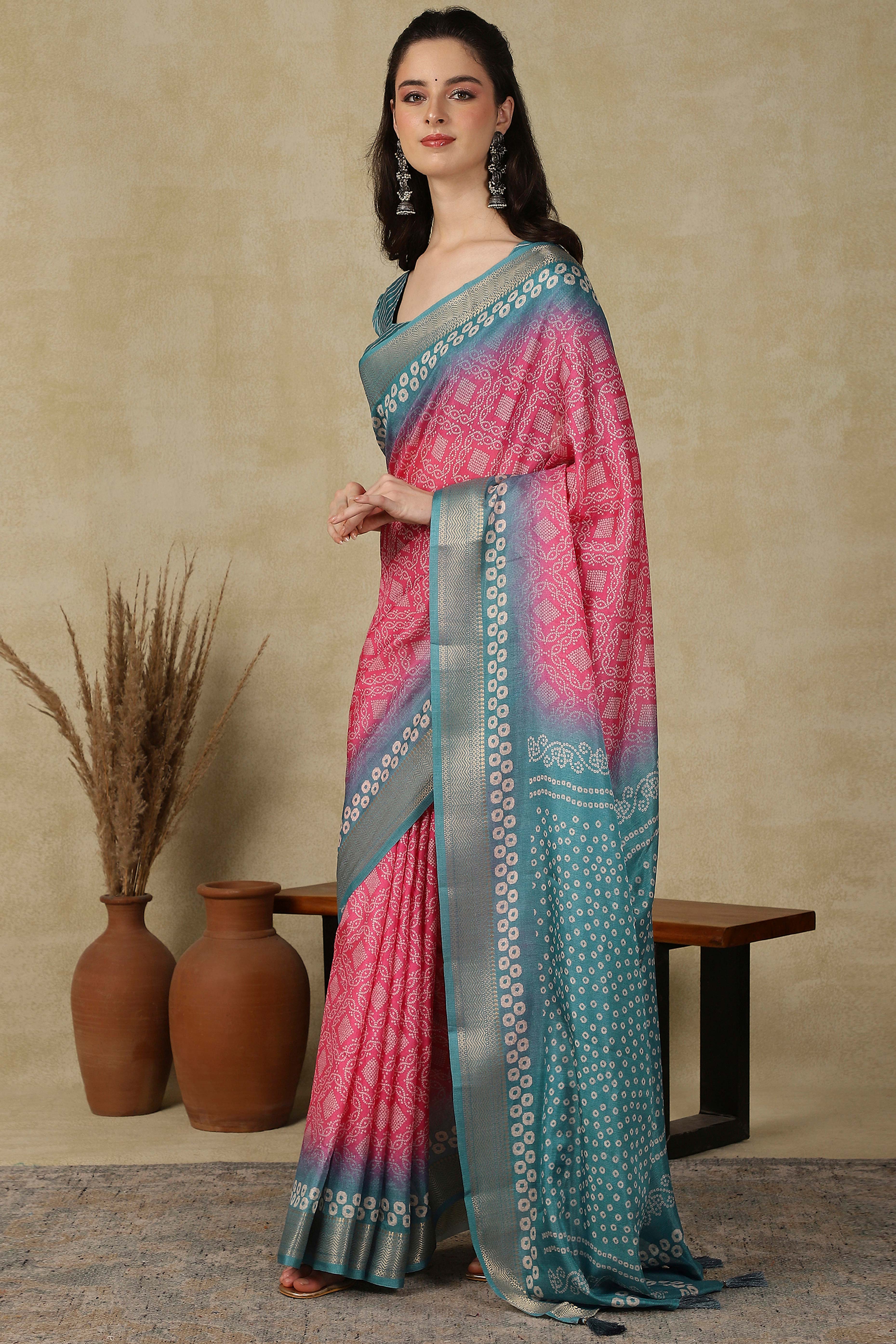 Luxury Pink & Teal Bandhani Print Cotton Silk Saree Featuring Weaving Border & Tassel Pallu