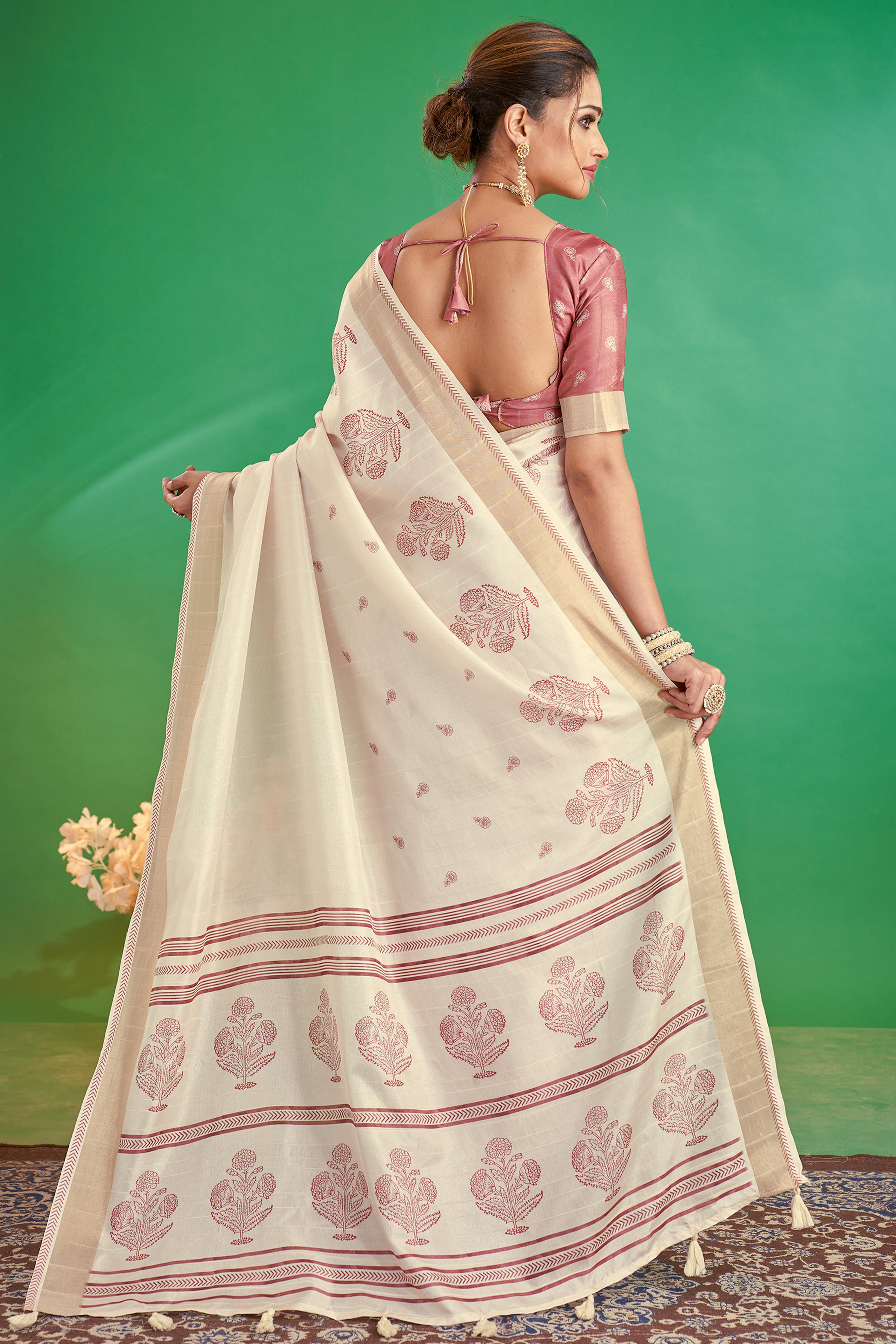 Charming Offwhite & Rose Pink Floral Printed Kotha Cotton Silk Saree Adorned With Tassel Pallu