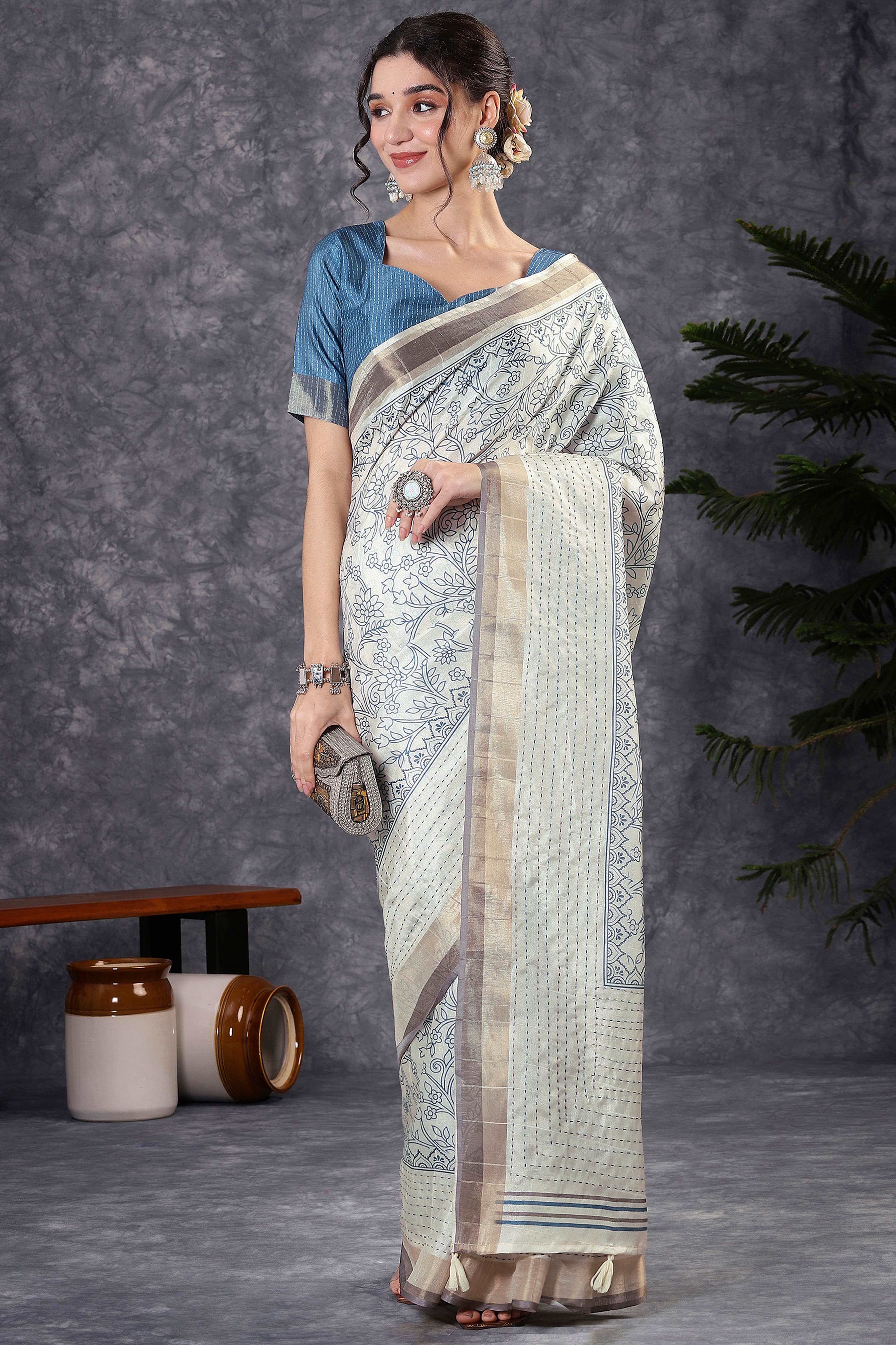 Offwhite & Blue Floral Printed Kotha Cotton Silk Saree With Beautifully Crafted Katha Embroidery