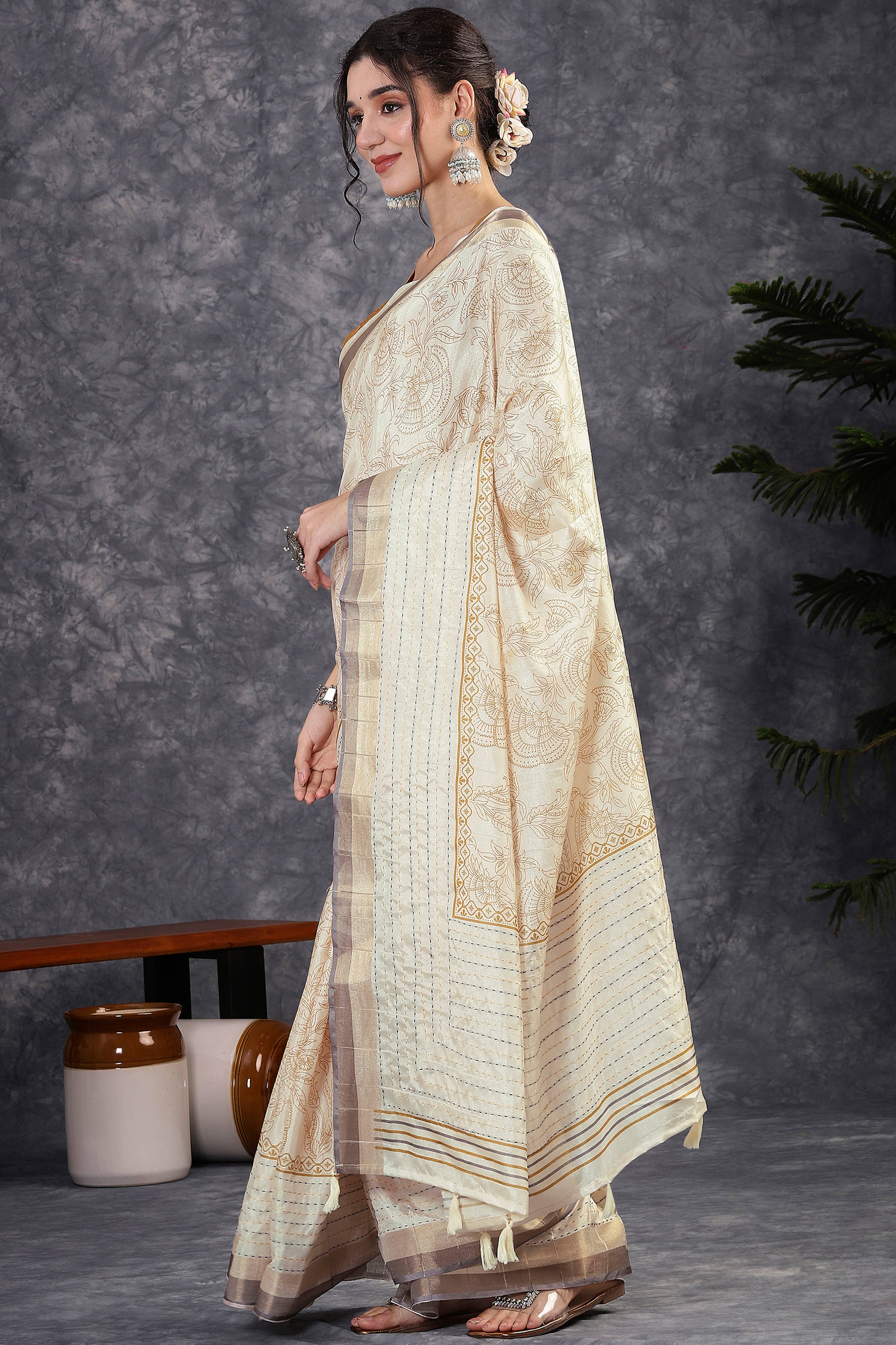 Offwhite & Mustard Floral Printed Kotha Cotton Silk Saree With Beautifully Crafted Katha Embroidery