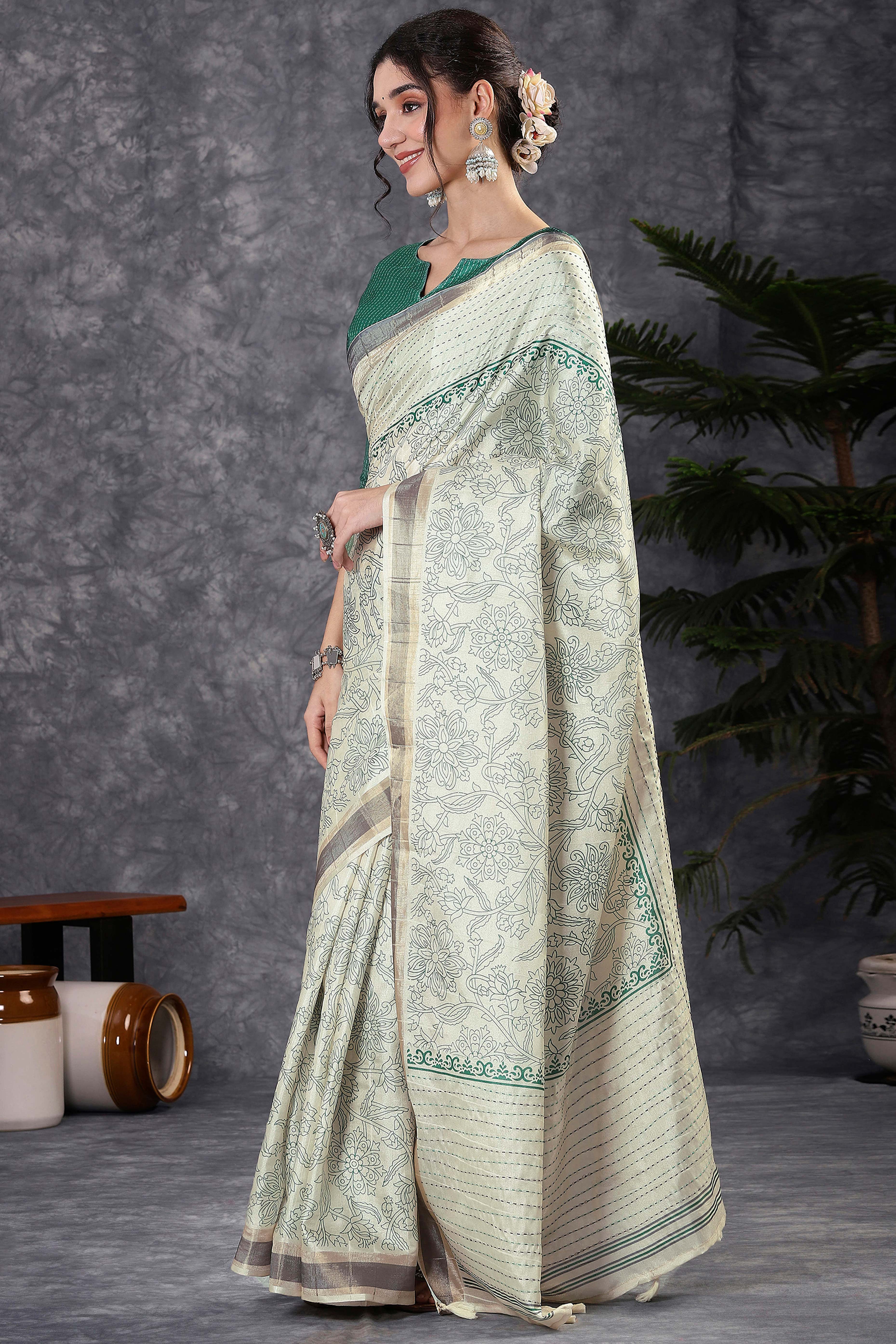 Offwhite & Rama Floral Printed Kotha Cotton Silk Saree With Beautifully Crafted Katha Embroidery