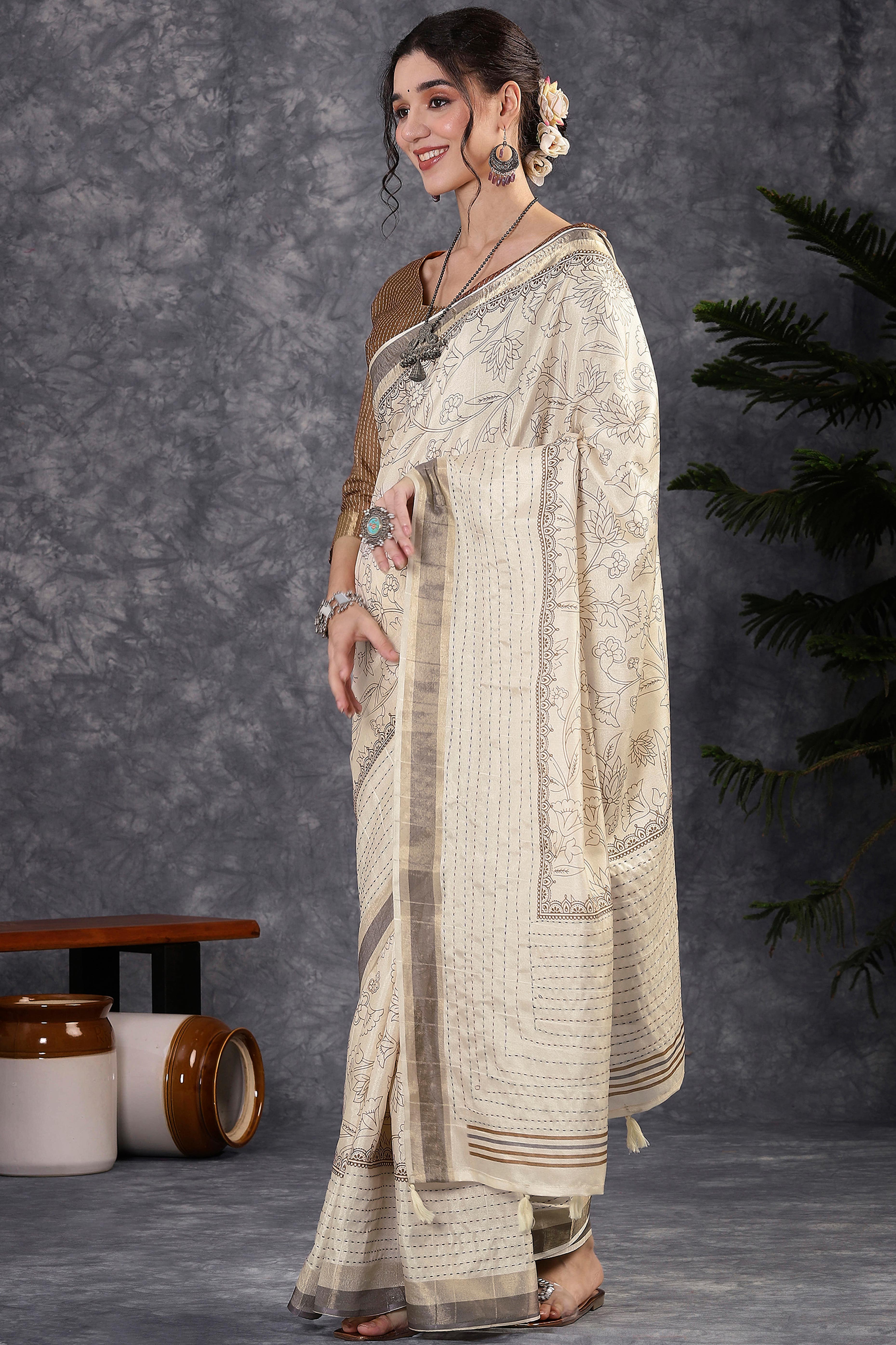 Offwhite & Brown Floral Printed Kotha Cotton Silk Saree With Beautifully Crafted Katha Embroidery