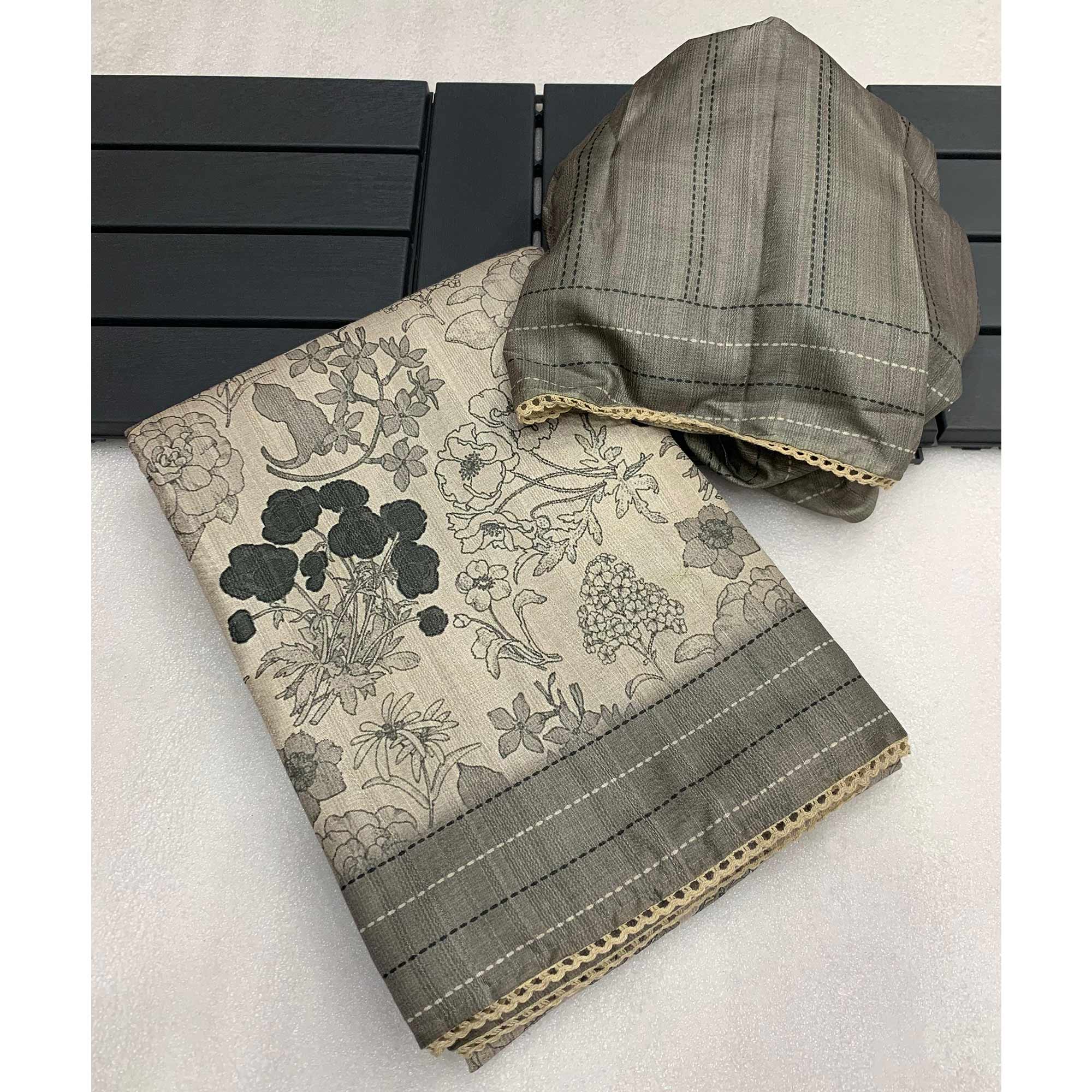 Grey Floral Digital Printed Tussar Silk Saree