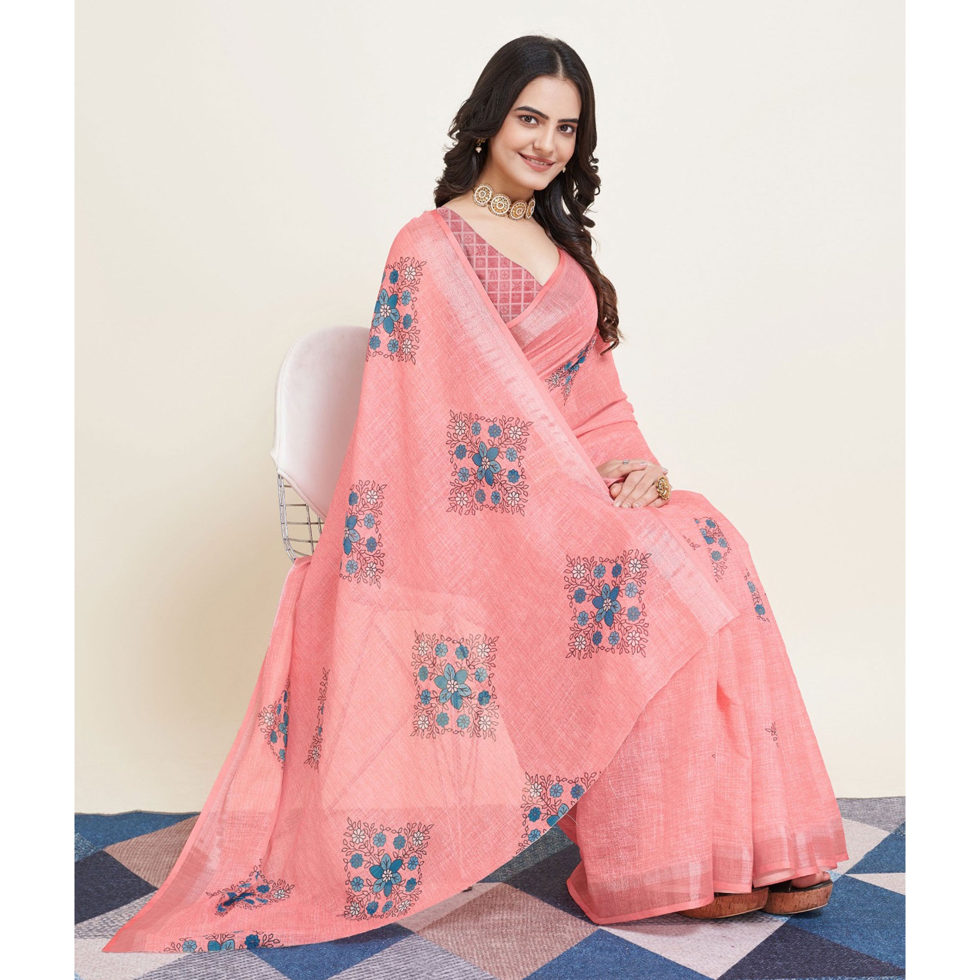 Peach Floral Printed Linen Saree