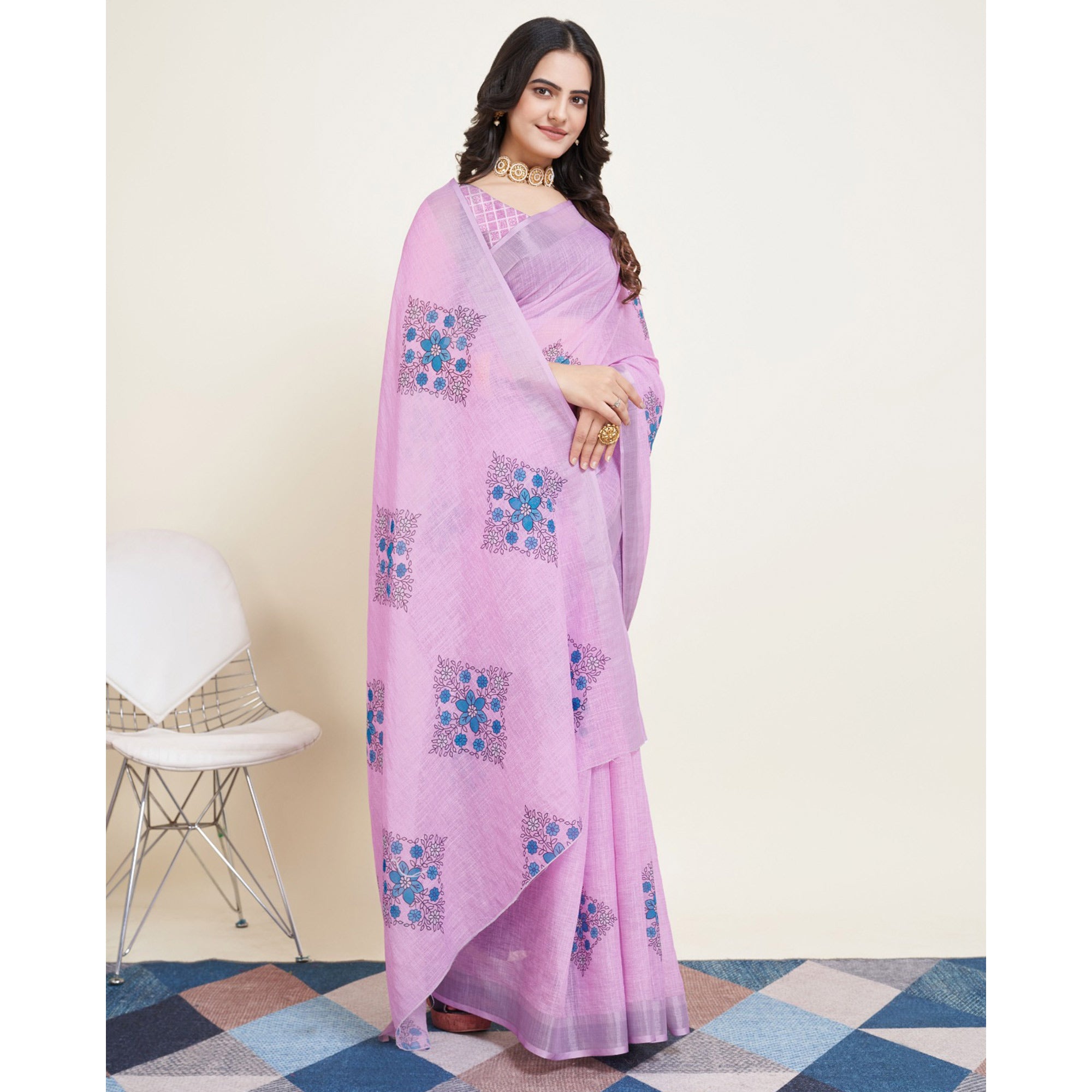 Pink Floral Printed Linen Saree