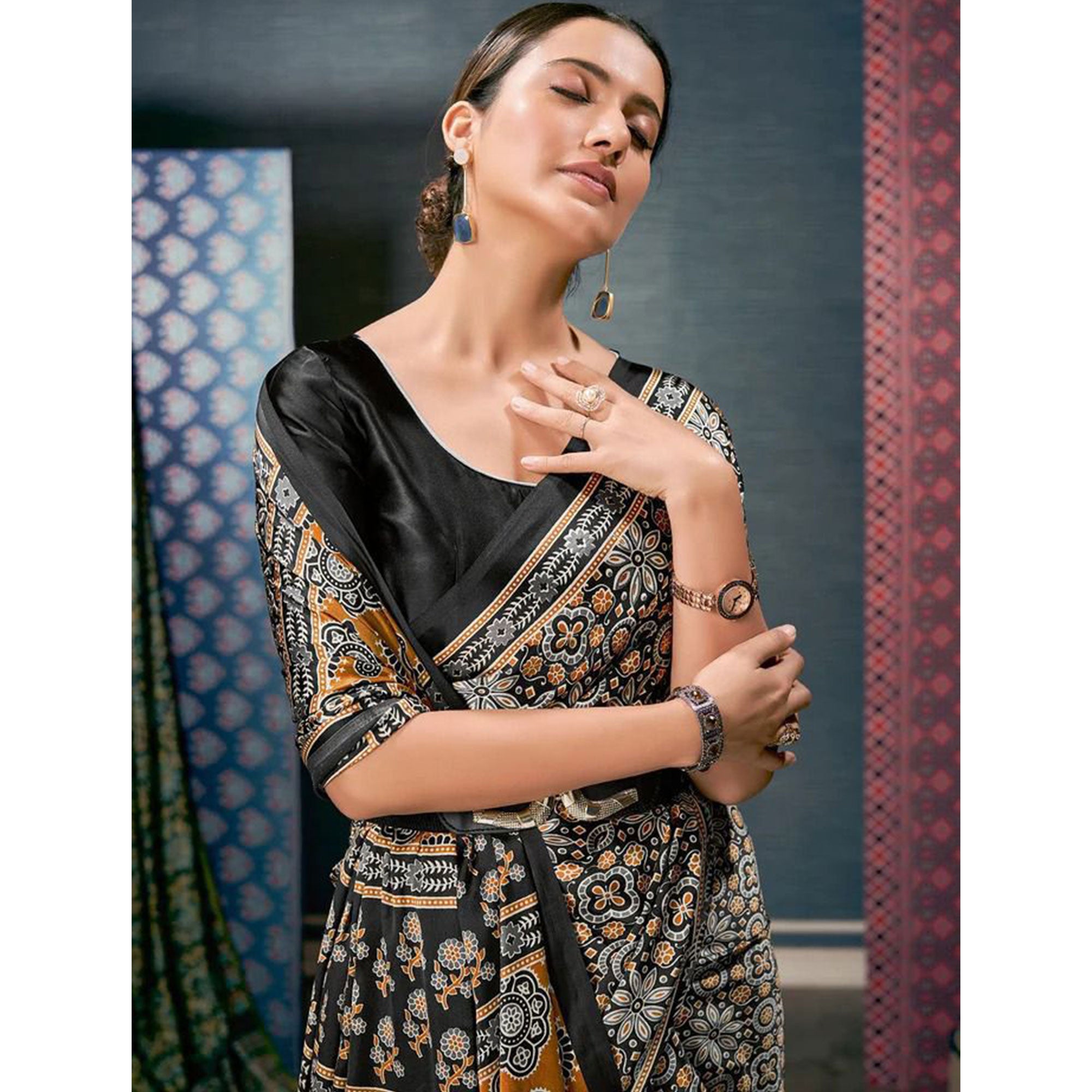 Black Ajrakh Printed Satin Saree