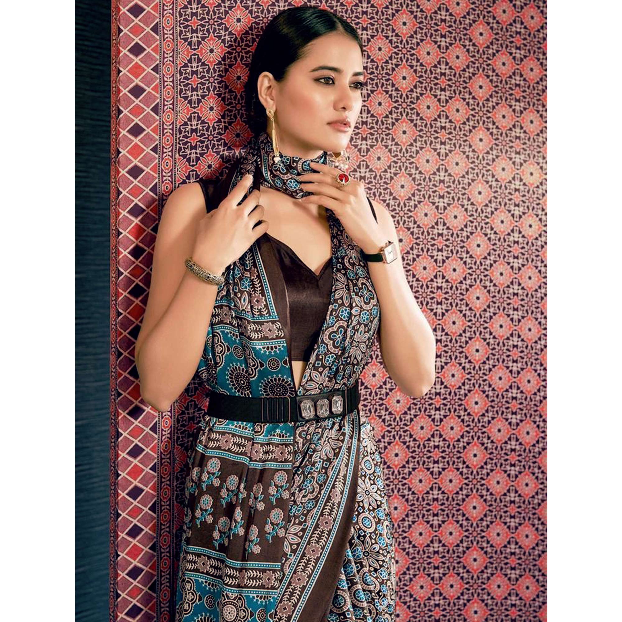 Brown Ajrakh Printed Satin Saree