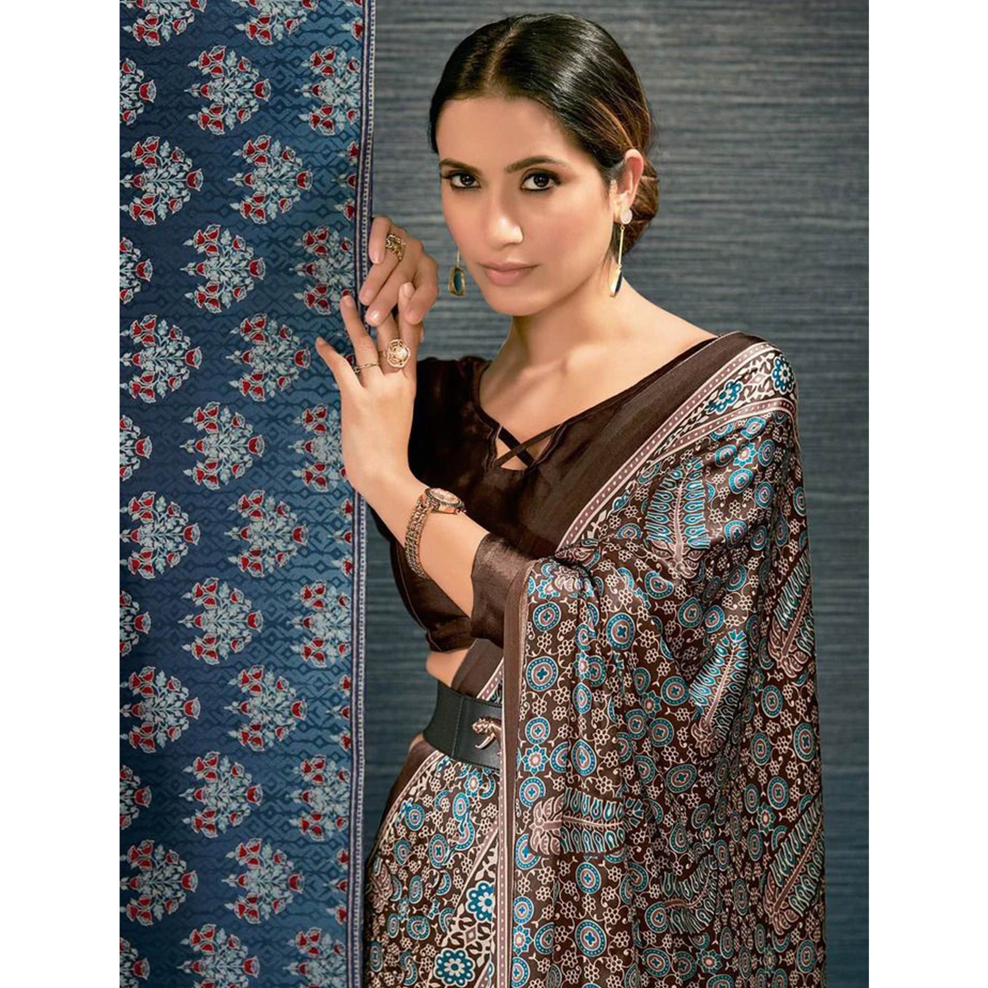 Brown & Blue Ajrakh Printed Satin Saree