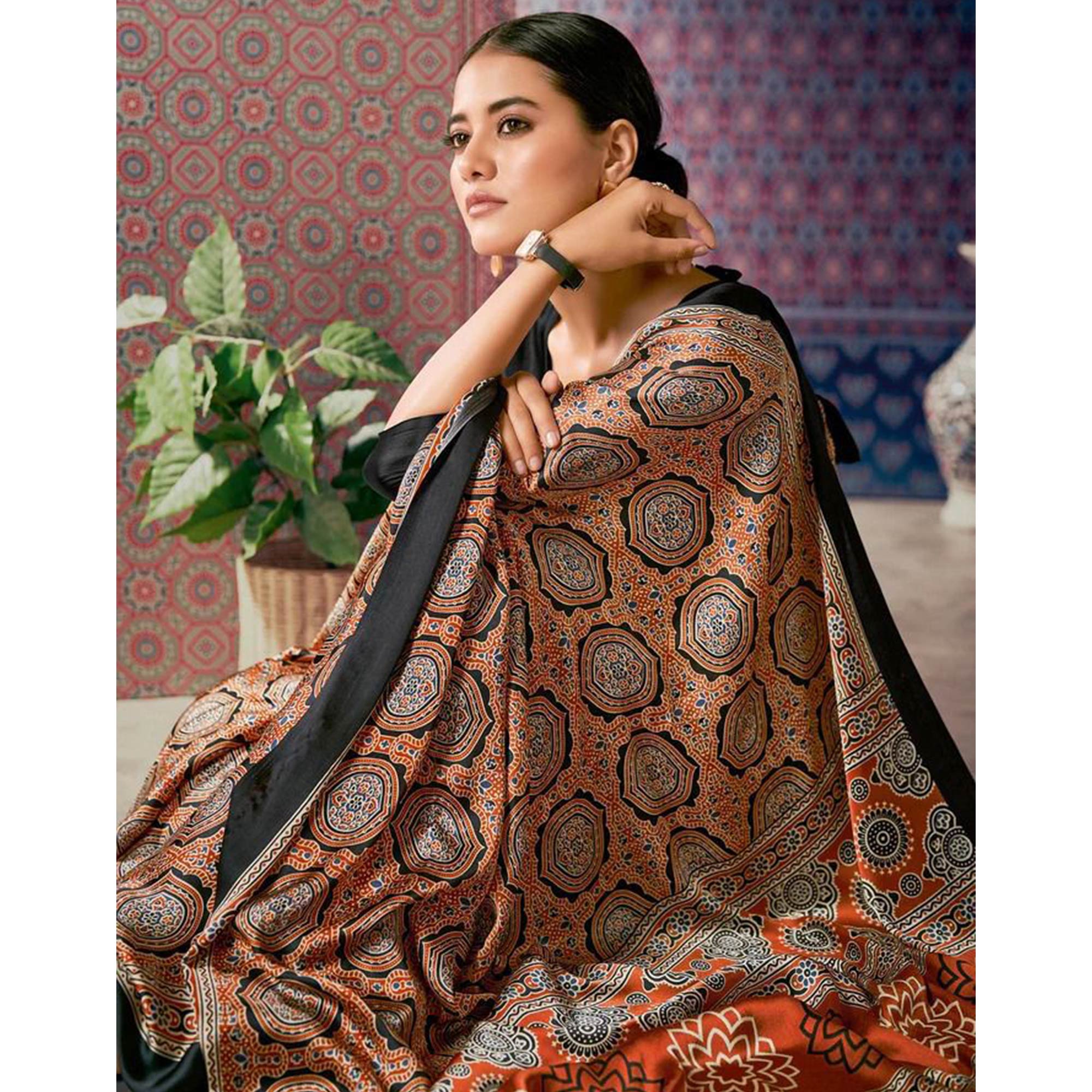 Rust Ajrakh Printed Satin Saree