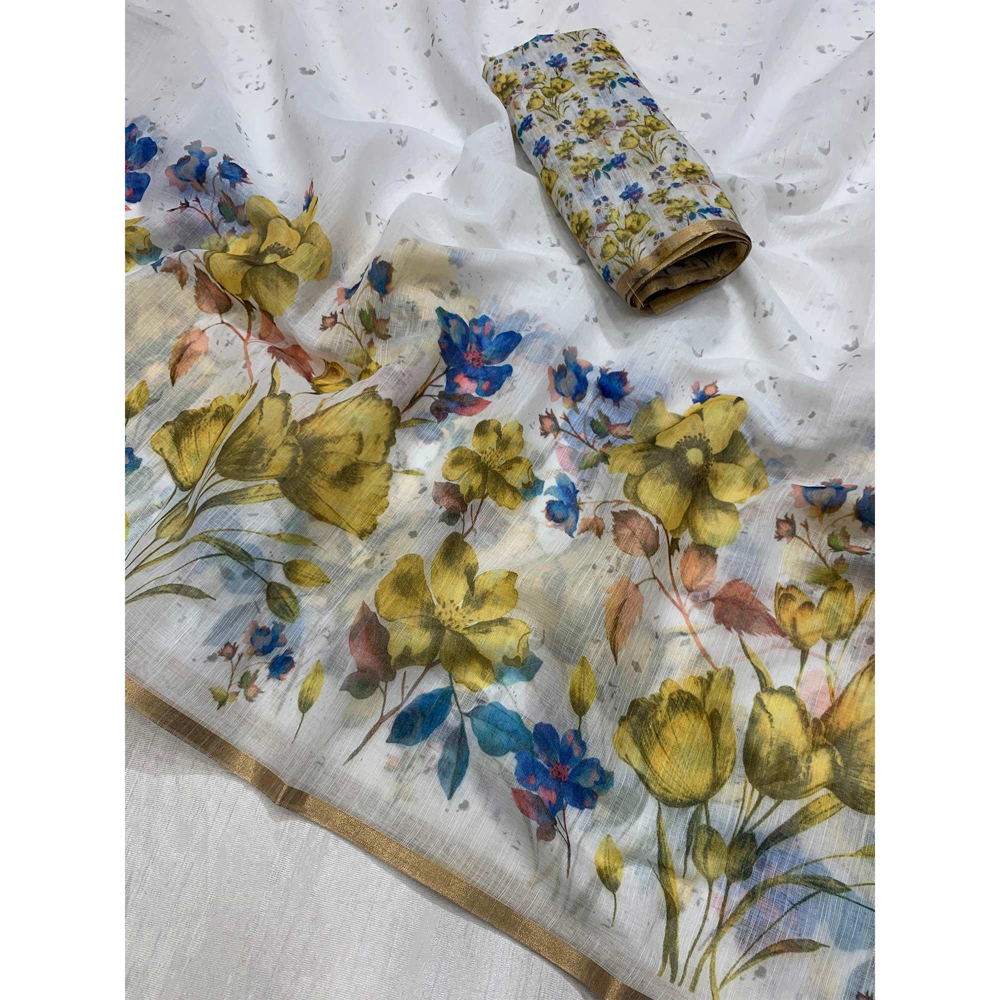 White Floral Printed Chanderi Saree