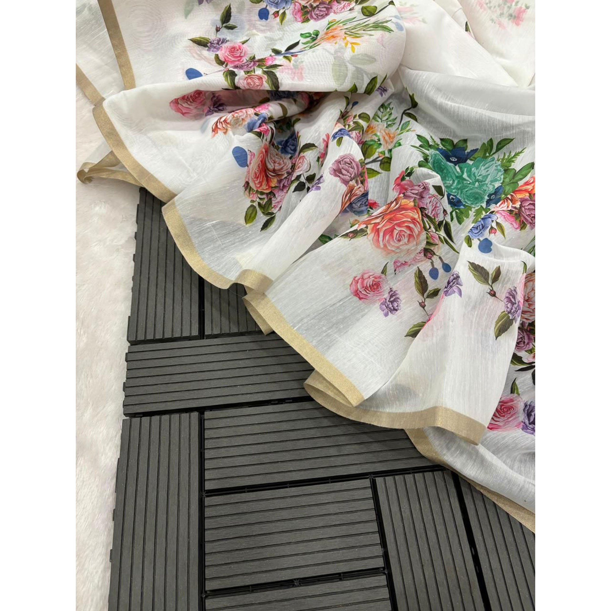 White Floral Printed Chanderi Saree