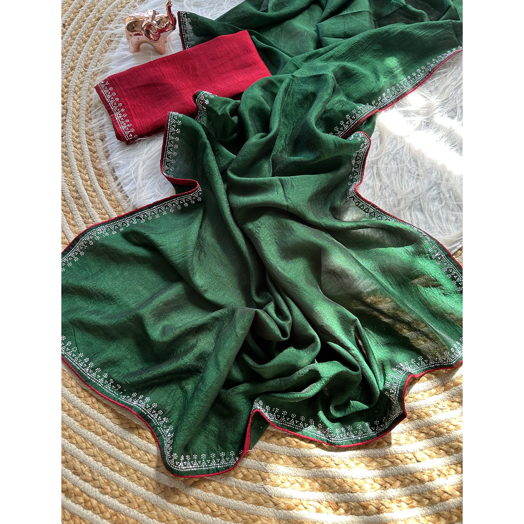 Green Partywear Vichitra Silk Saree Featuring Exquisite Swarovski Stone Work