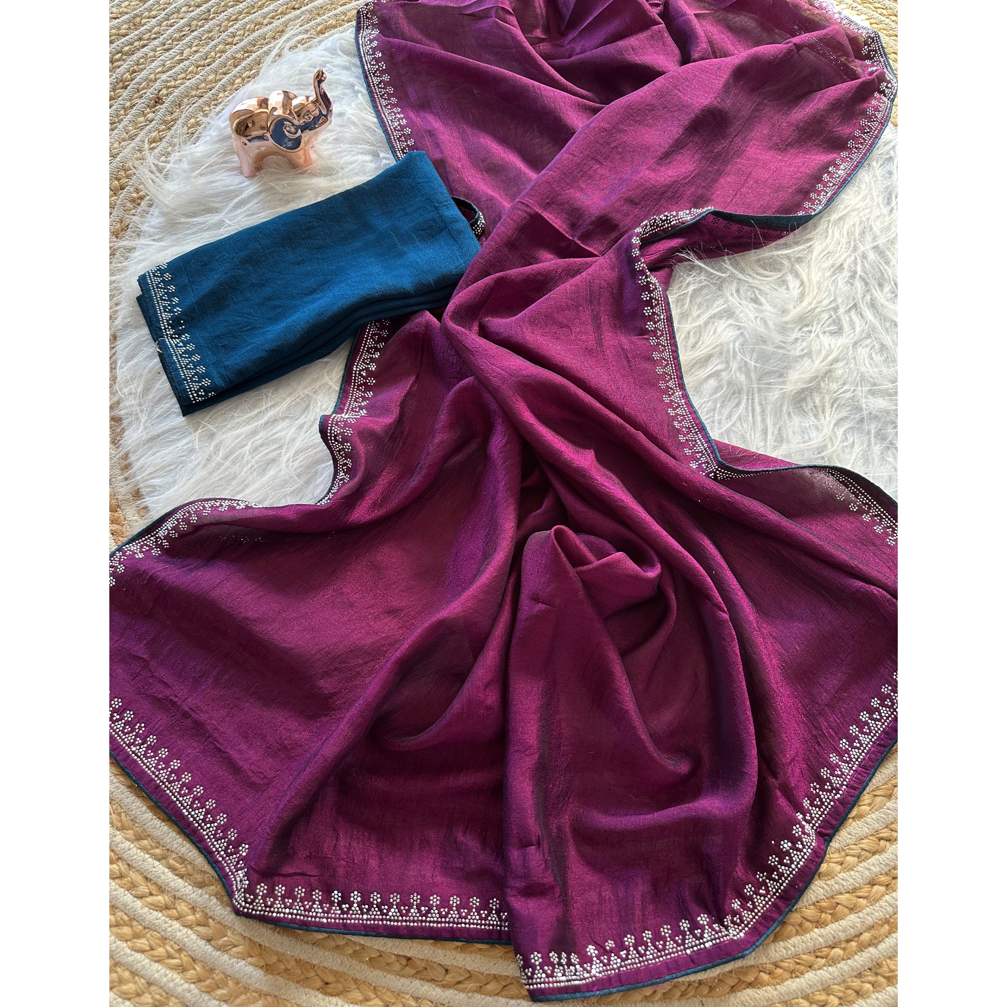 Magenta Partywear Vichitra Silk Saree Featuring Exquisite Swarovski Stone Work