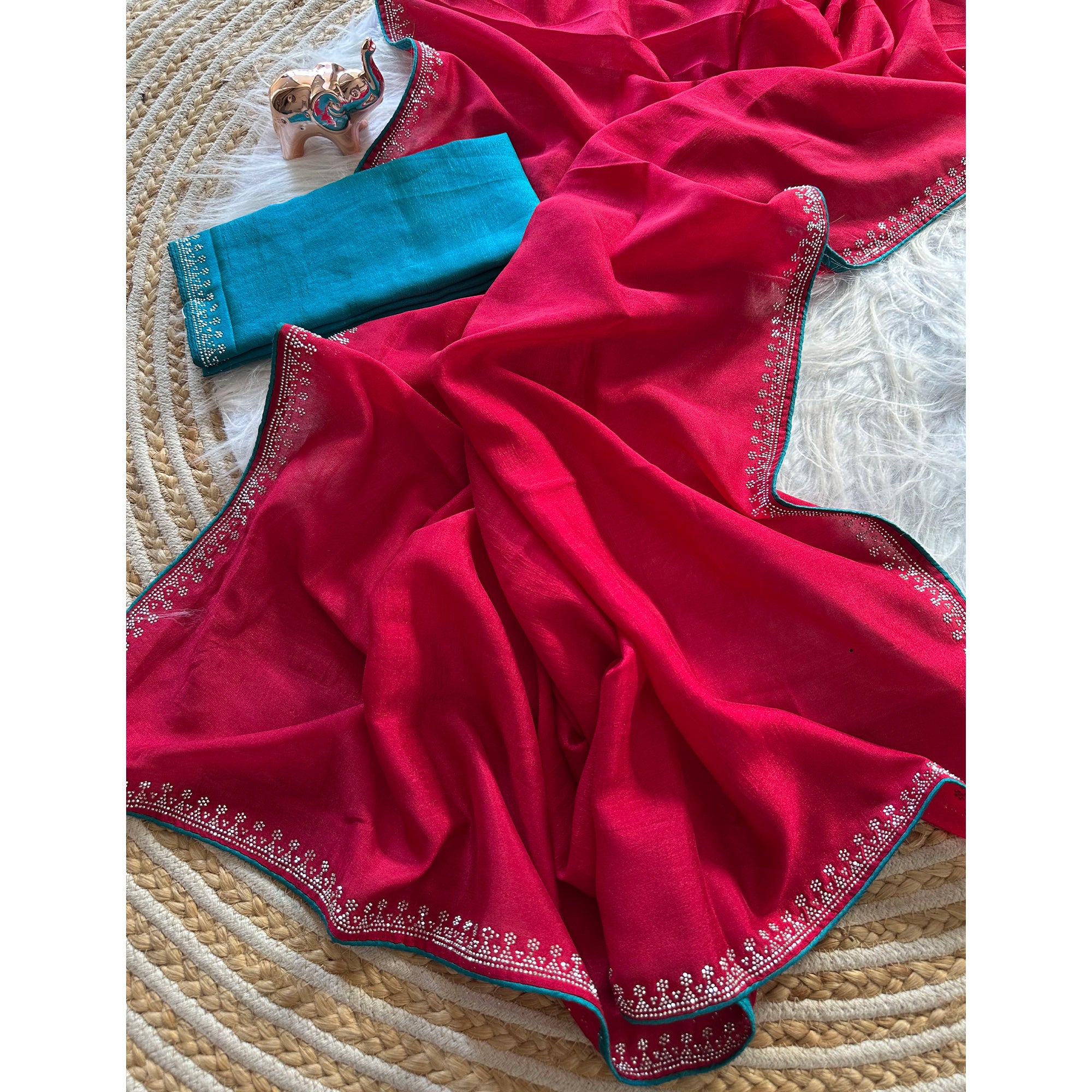 Pink Partywear Vichitra Silk Saree Featuring Exquisite Swarovski Stone Work