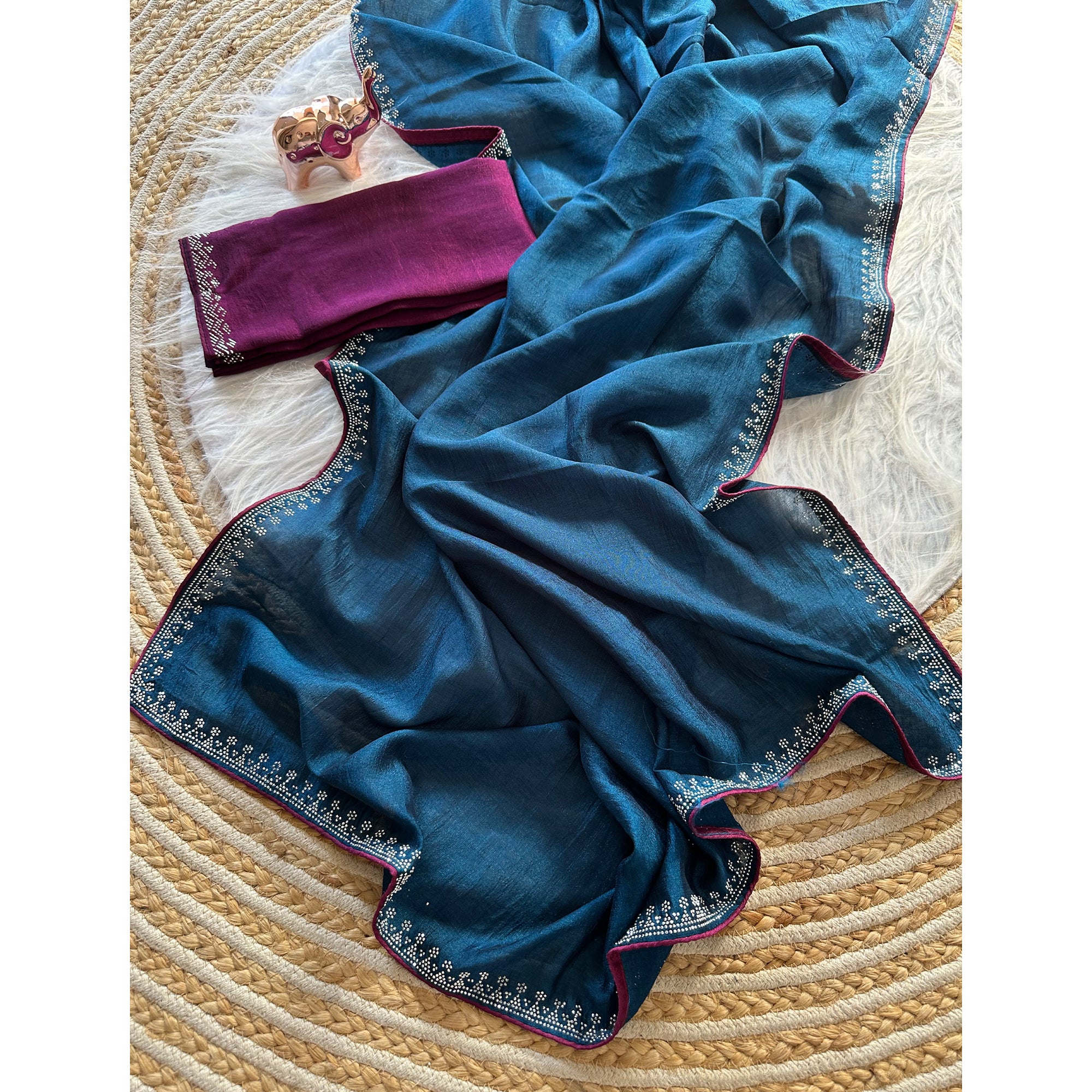 Teal Partywear Vichitra Silk Saree Featuring Exquisite Swarovski Stone Work