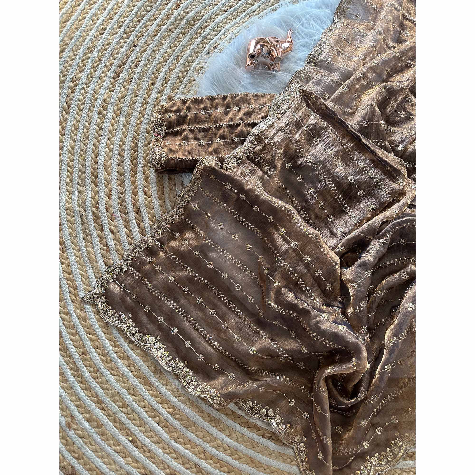 Elegant Dusty Brown Silk Saree Adorned With Floral Sequins Embroidery & Cutwork Zari Border