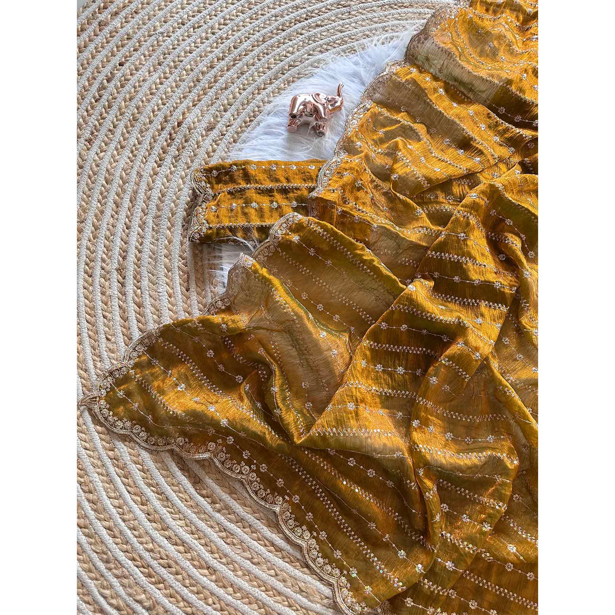 Elegant Golden Silk Saree Adorned With Floral Sequins Embroidery & Cutwork Zari Border