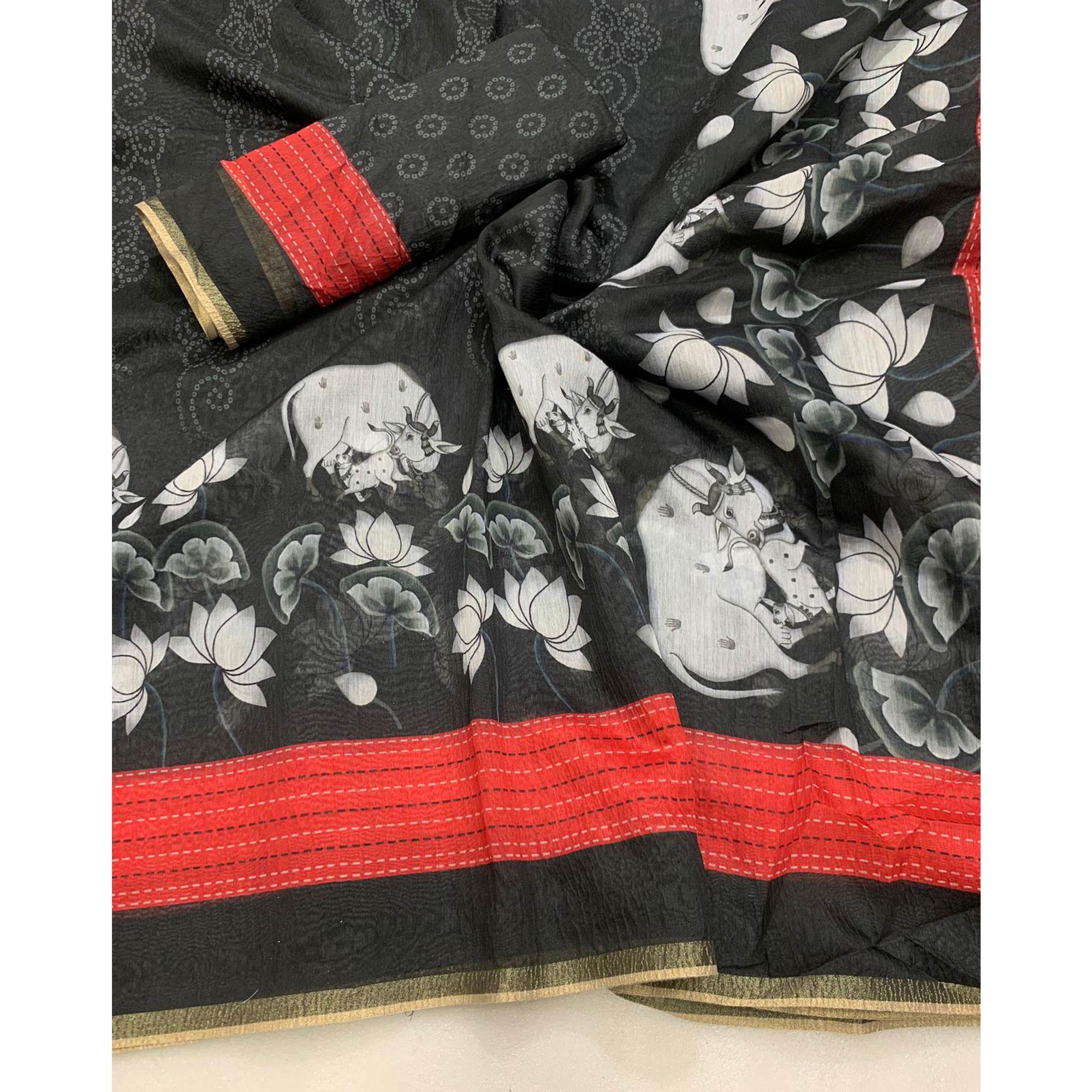 Black & Red Printed Chanderi Saree
