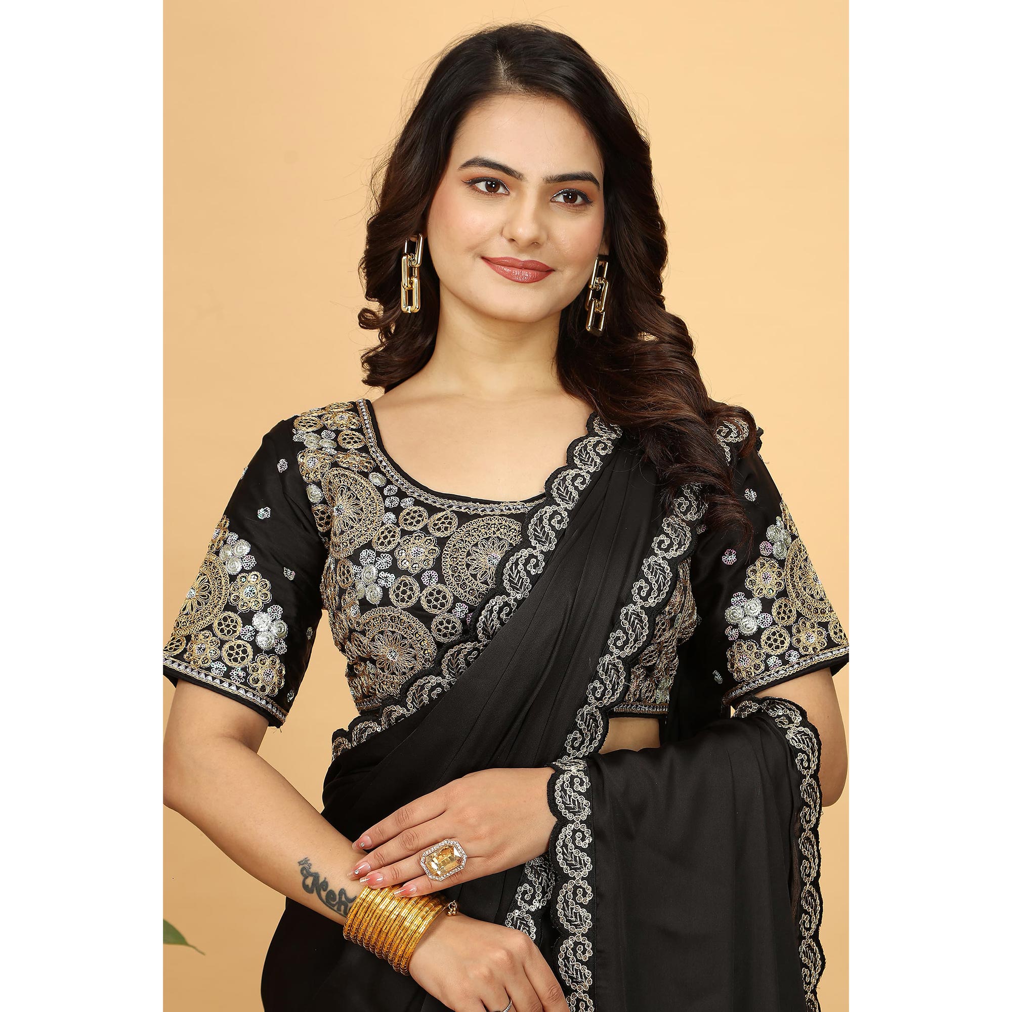 Black Solid Satin Saree With Sequins Embroidered Border