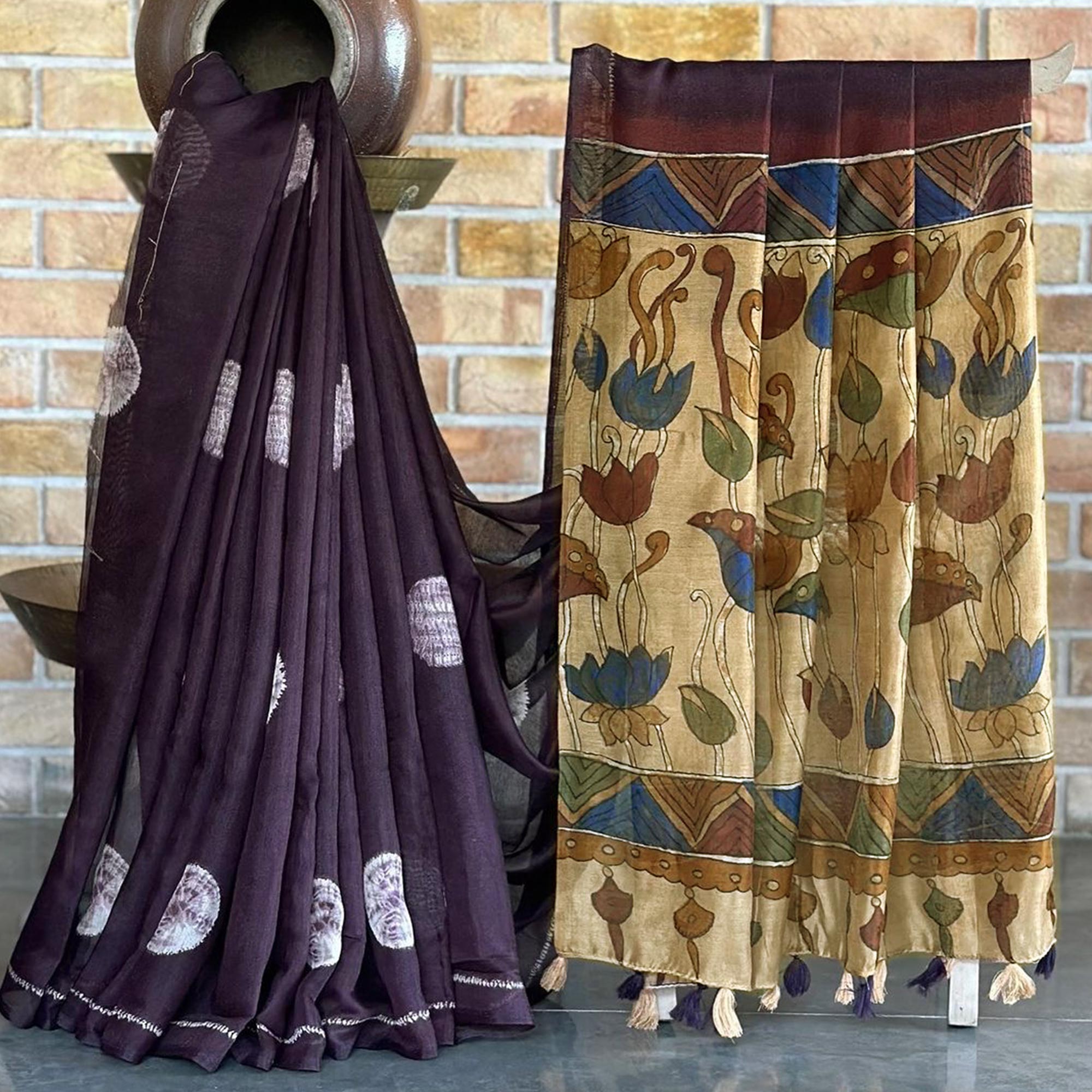 Plum Purple Batik Printed Linen Saree