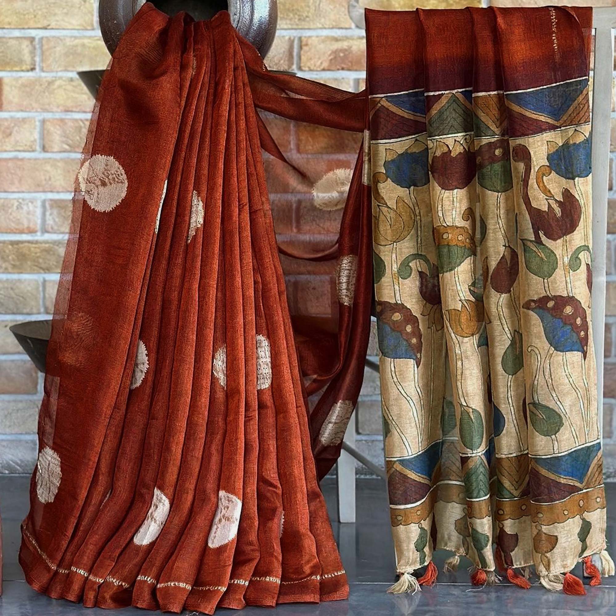Rust Batik Printed Linen Saree