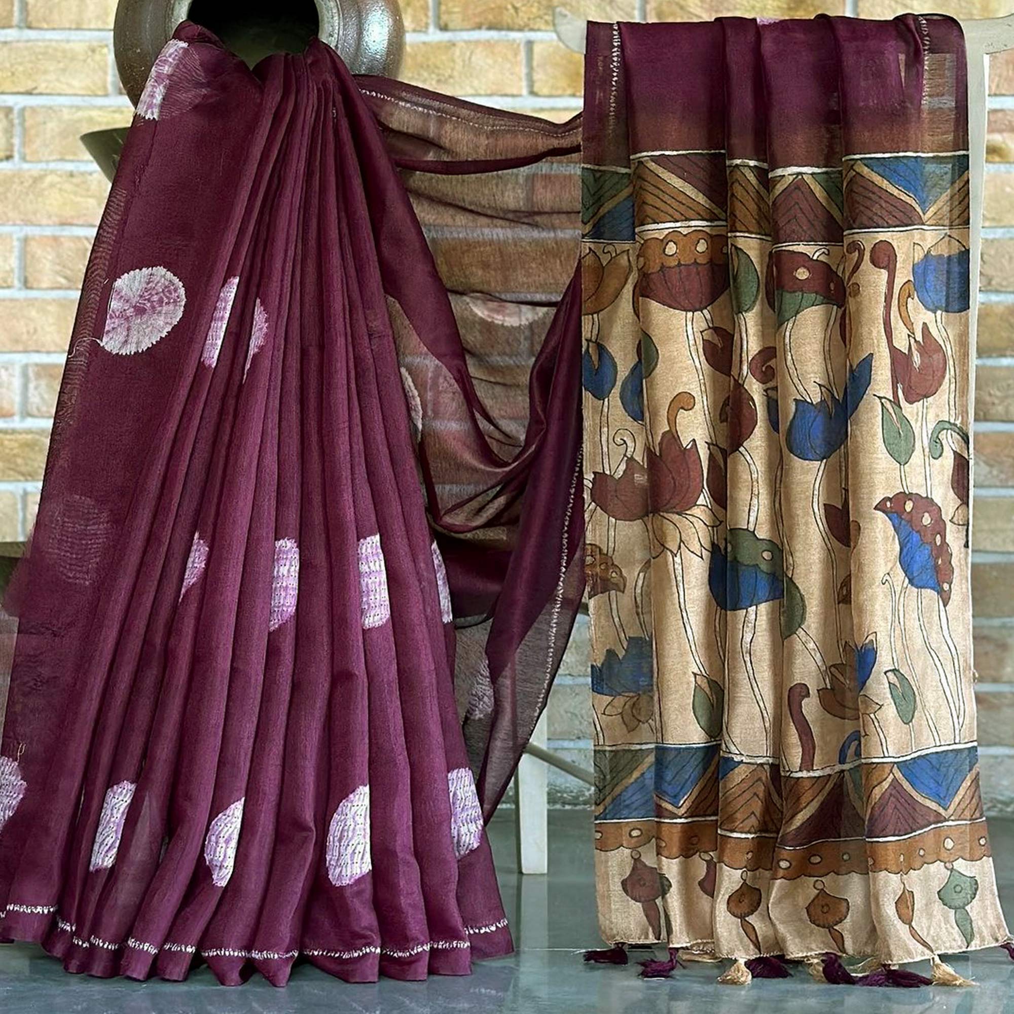 Wine Batik Printed Linen Saree