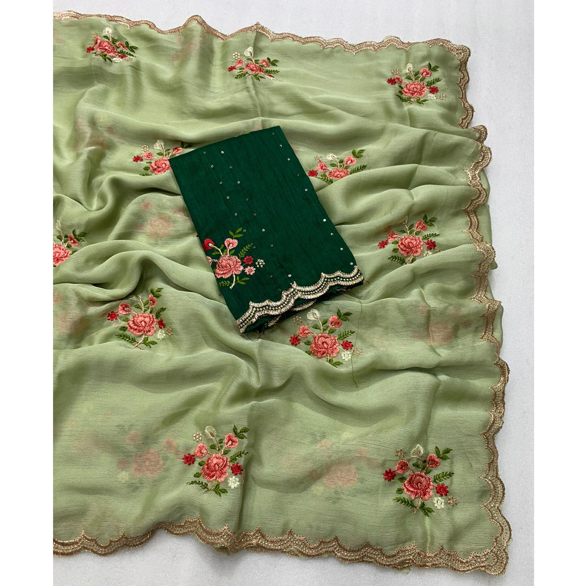 Green Floral Embroidered Chiffon Saree