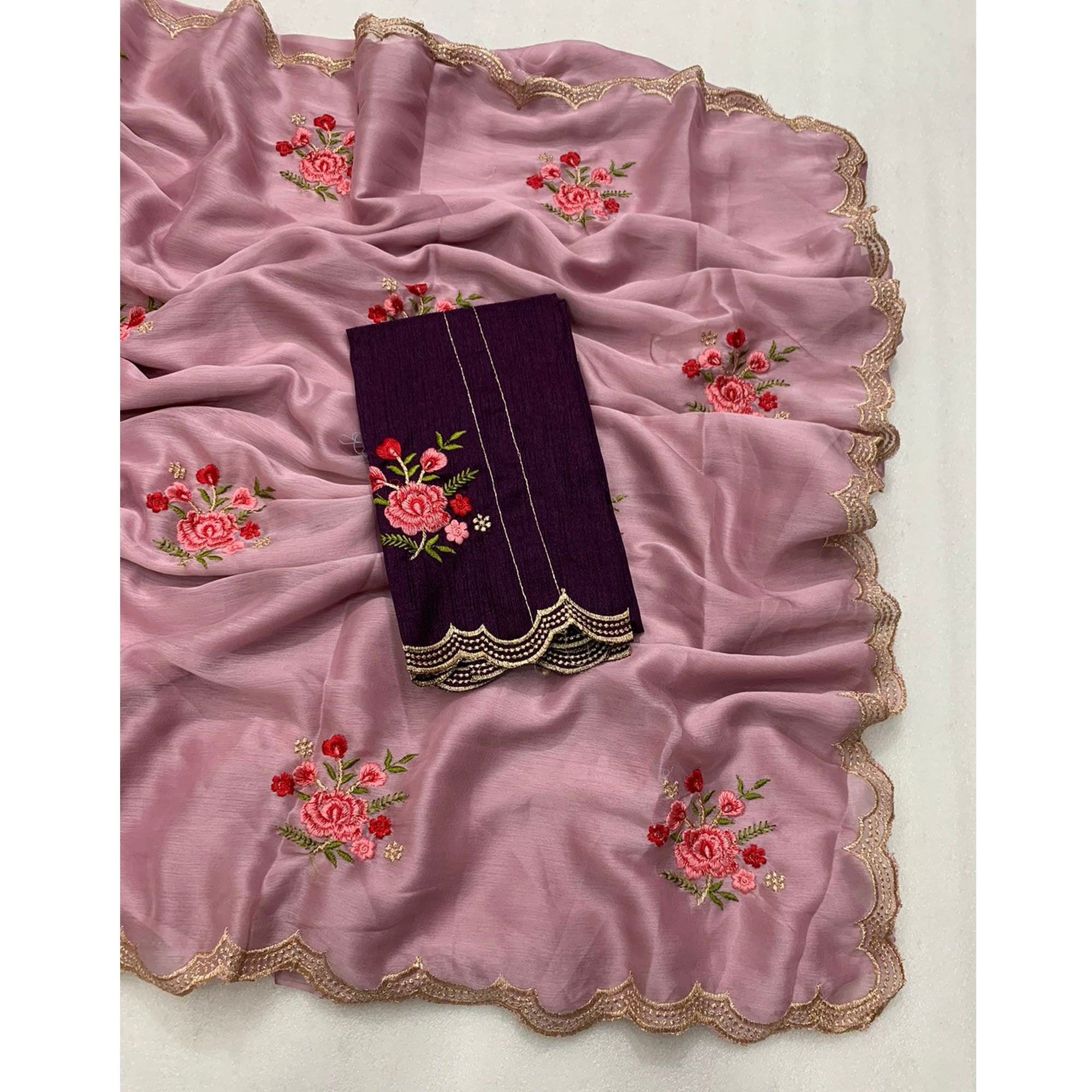 Mauve Floral Embroidered Chiffon Saree