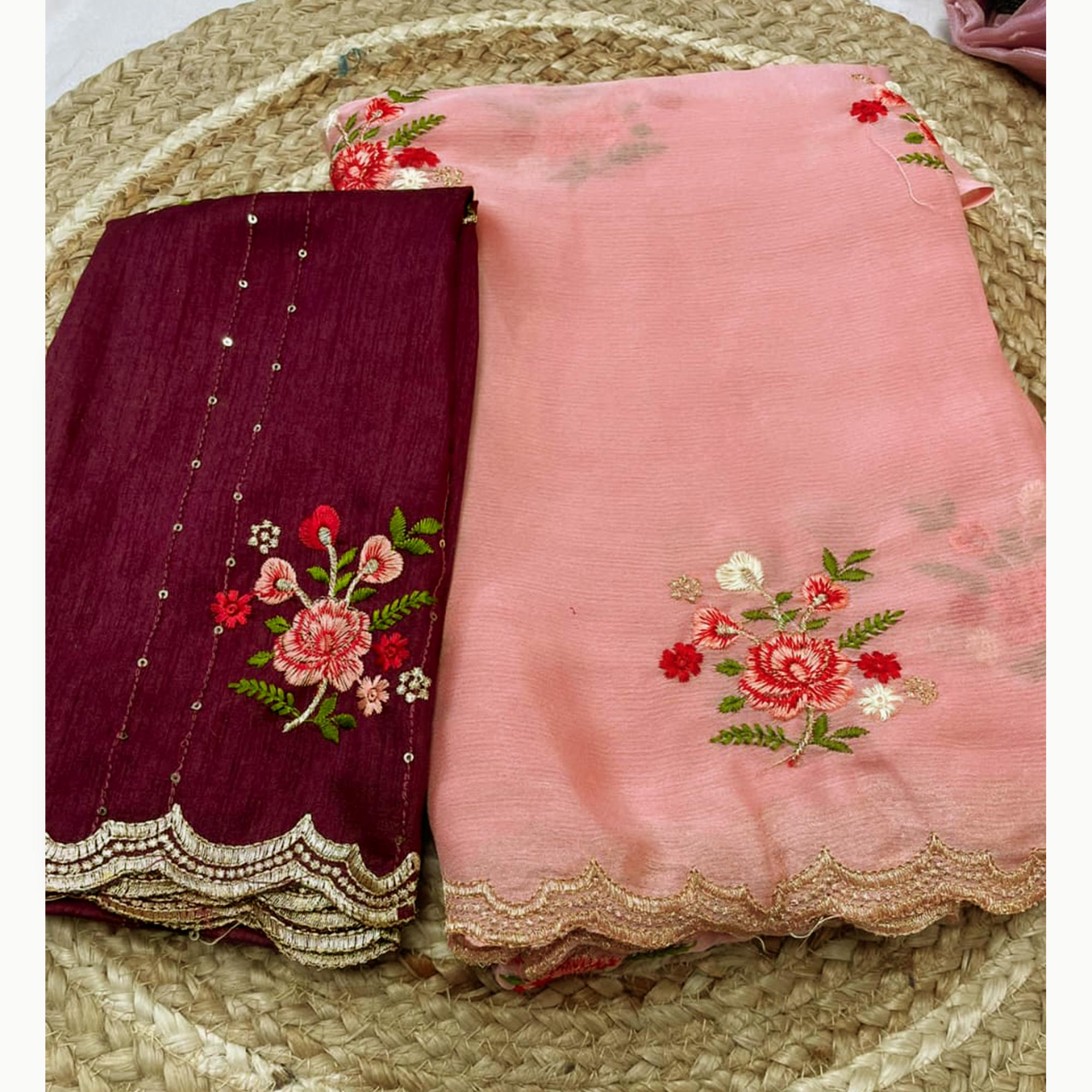 Pink Floral Embroidered Chiffon Saree