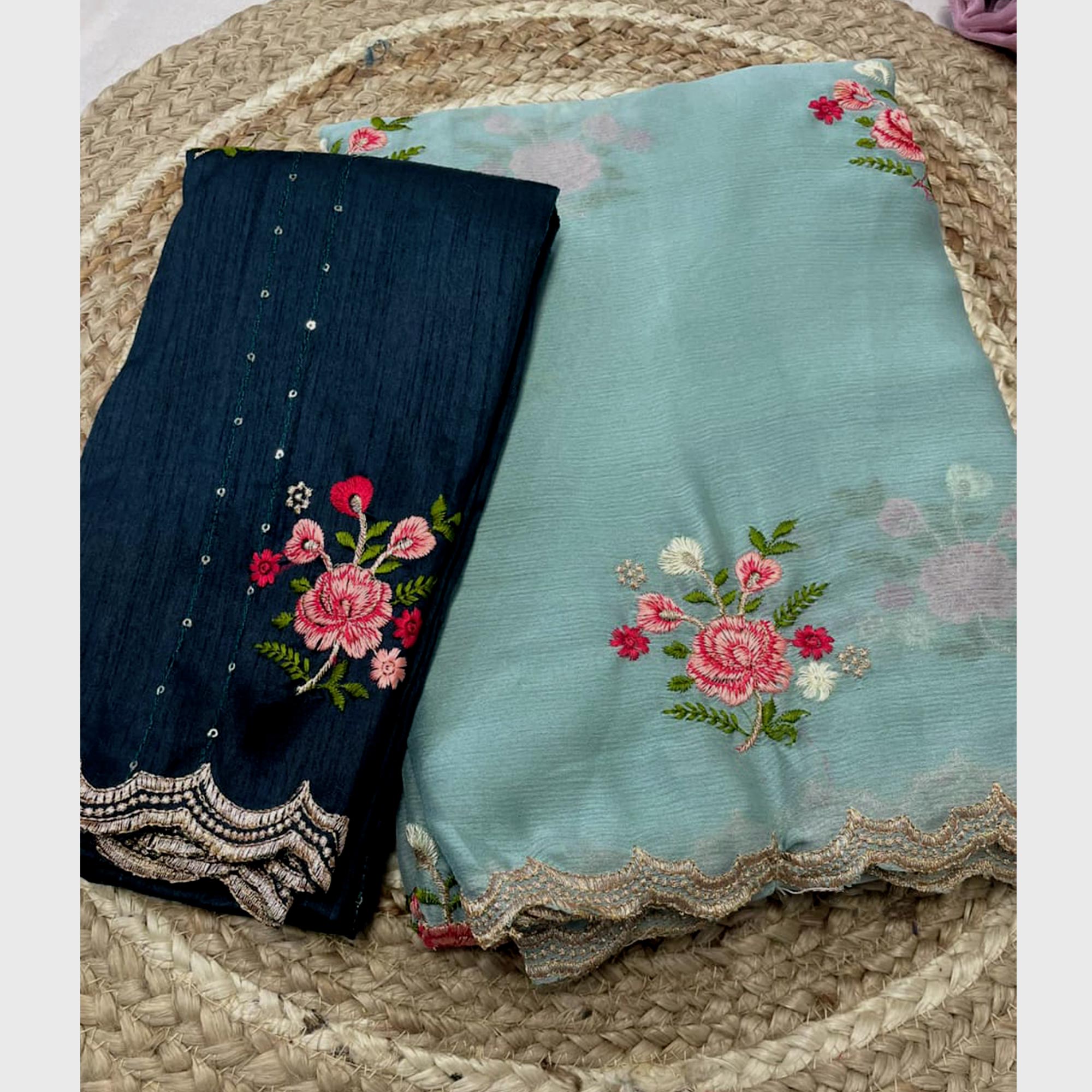 Sky Blue Floral Embroidered Chiffon Saree