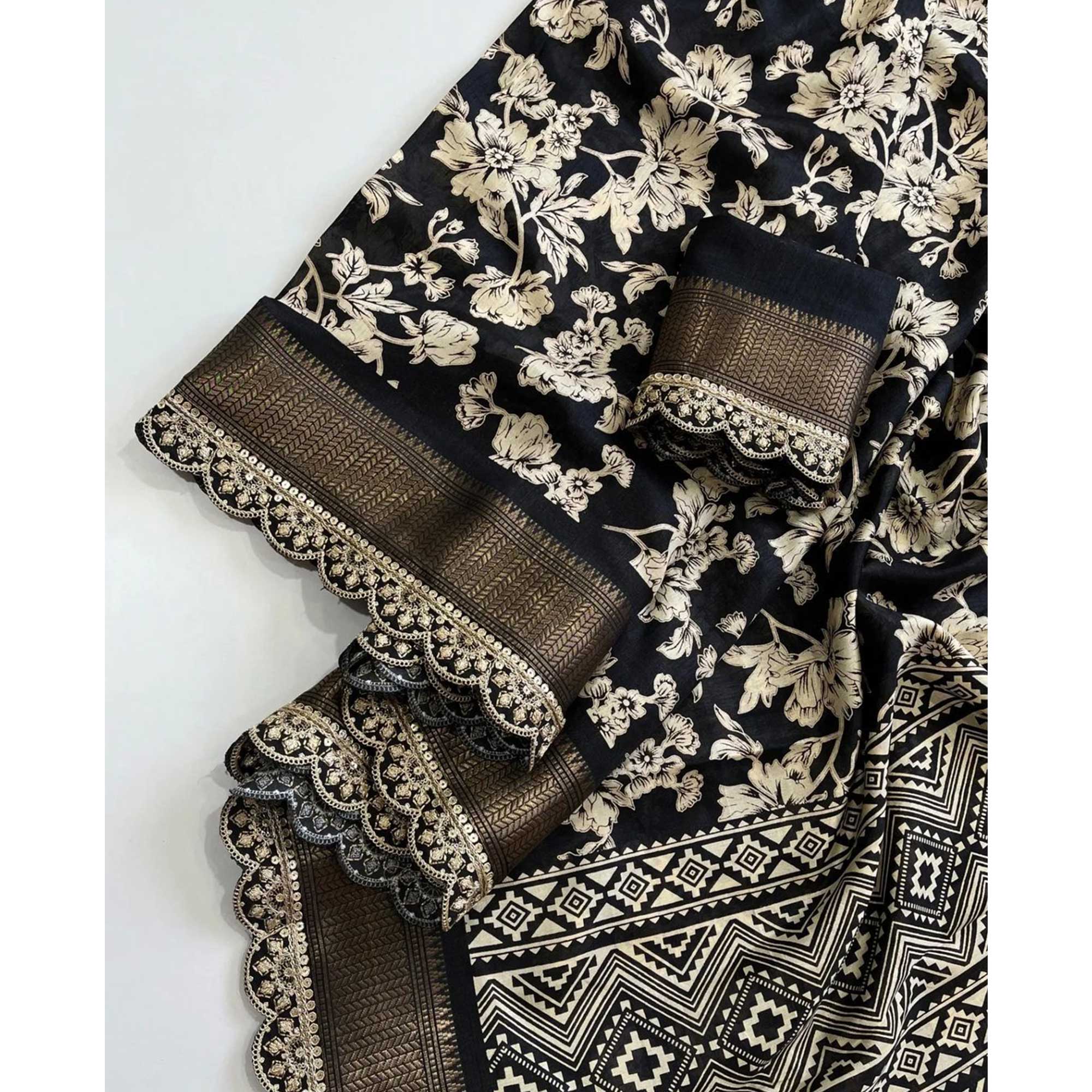 Black Floral Printed Dola Silk Saree With Embroidered Lace Border