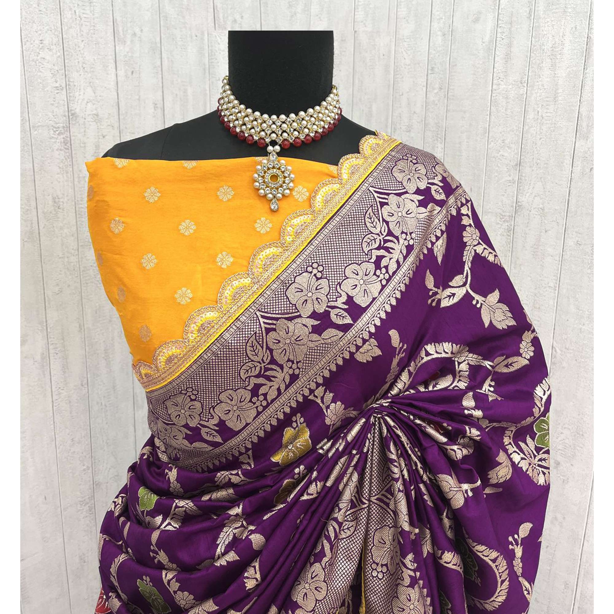 Purple Floral Woven Dola Silk Saree With Lace Border