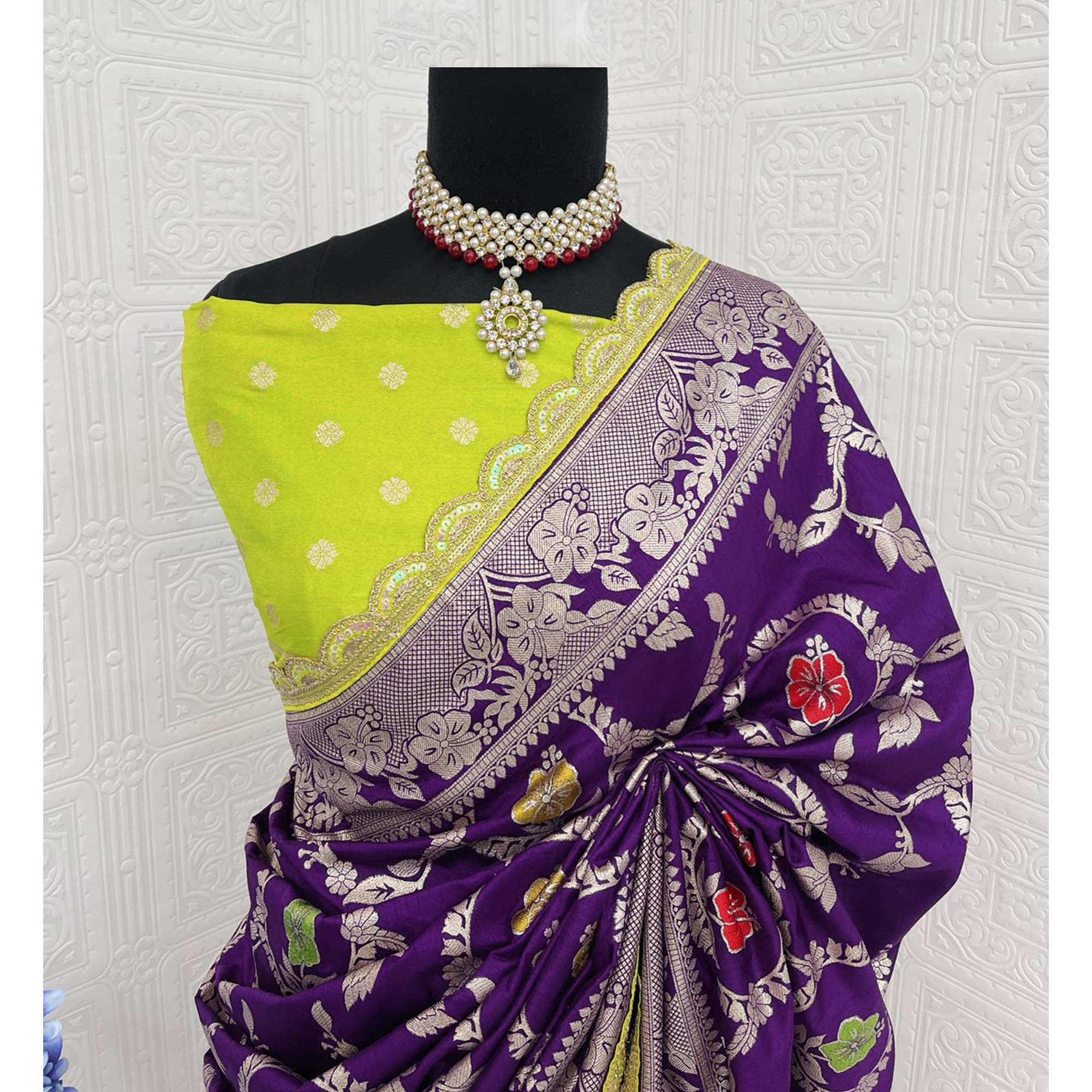 Purple Floral Woven Dola Silk Saree With Lace Border