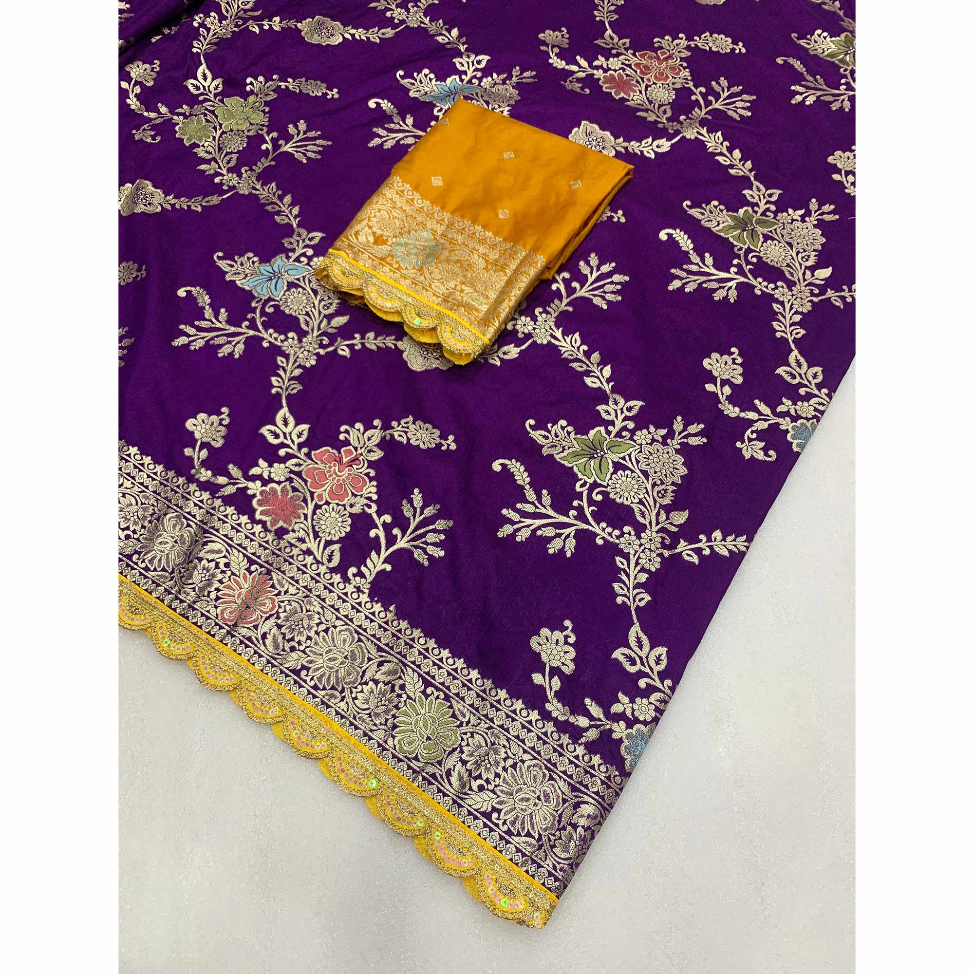 Purple Floral Woven Dola Silk Saree With Lace Border