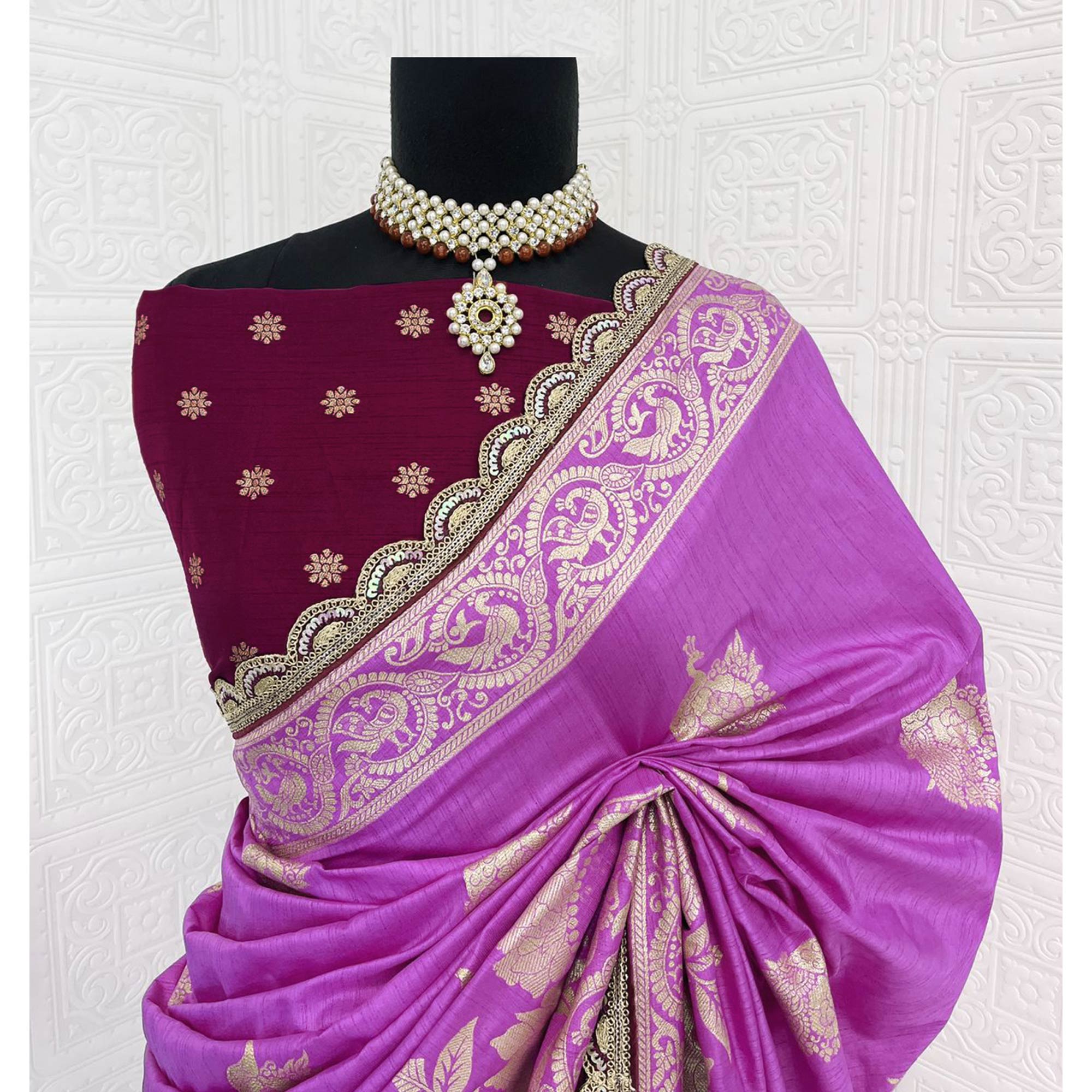 Violet Floral Woven Dola Silk Saree With Lace Border
