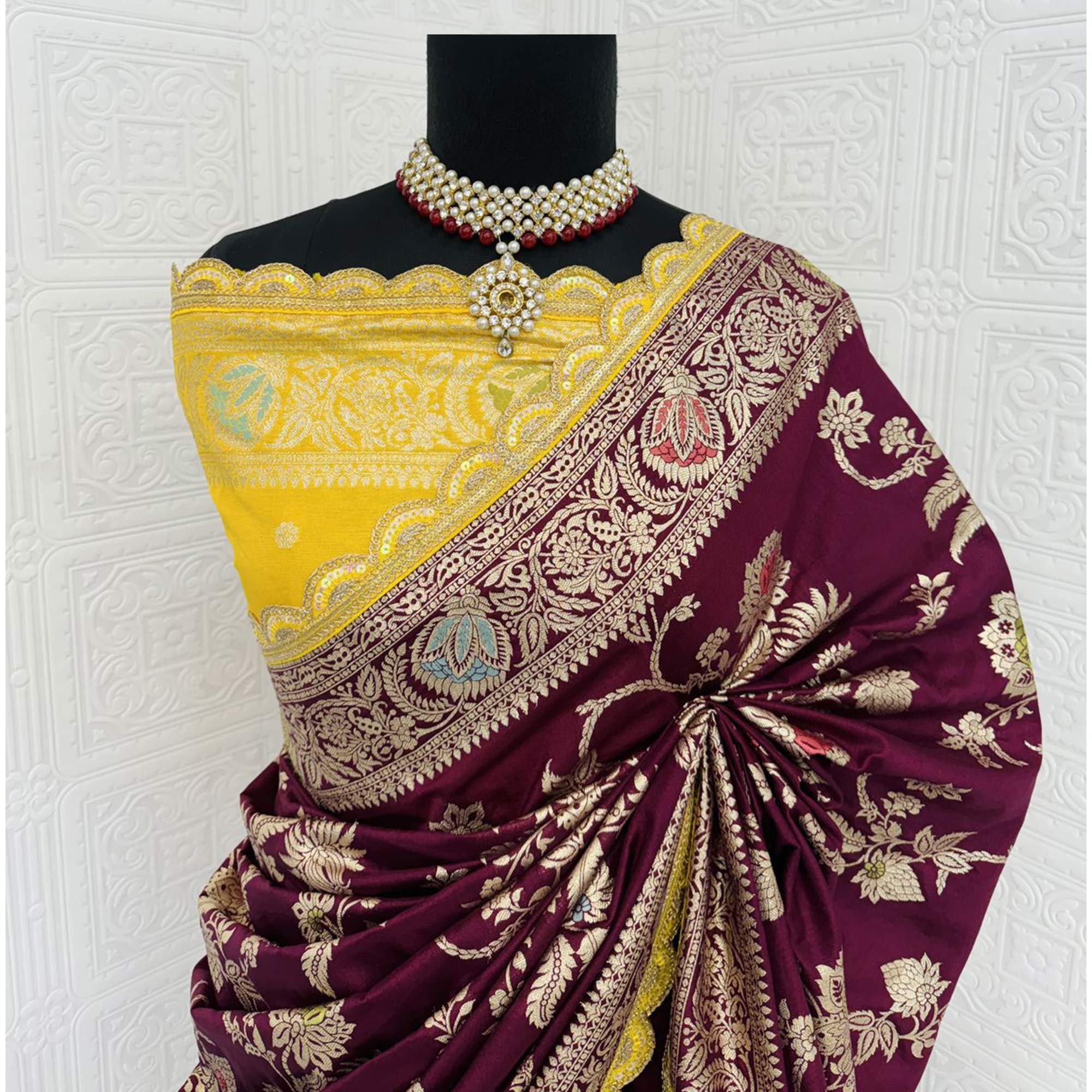 Wine Floral Woven Dola Silk Saree With Lace Border