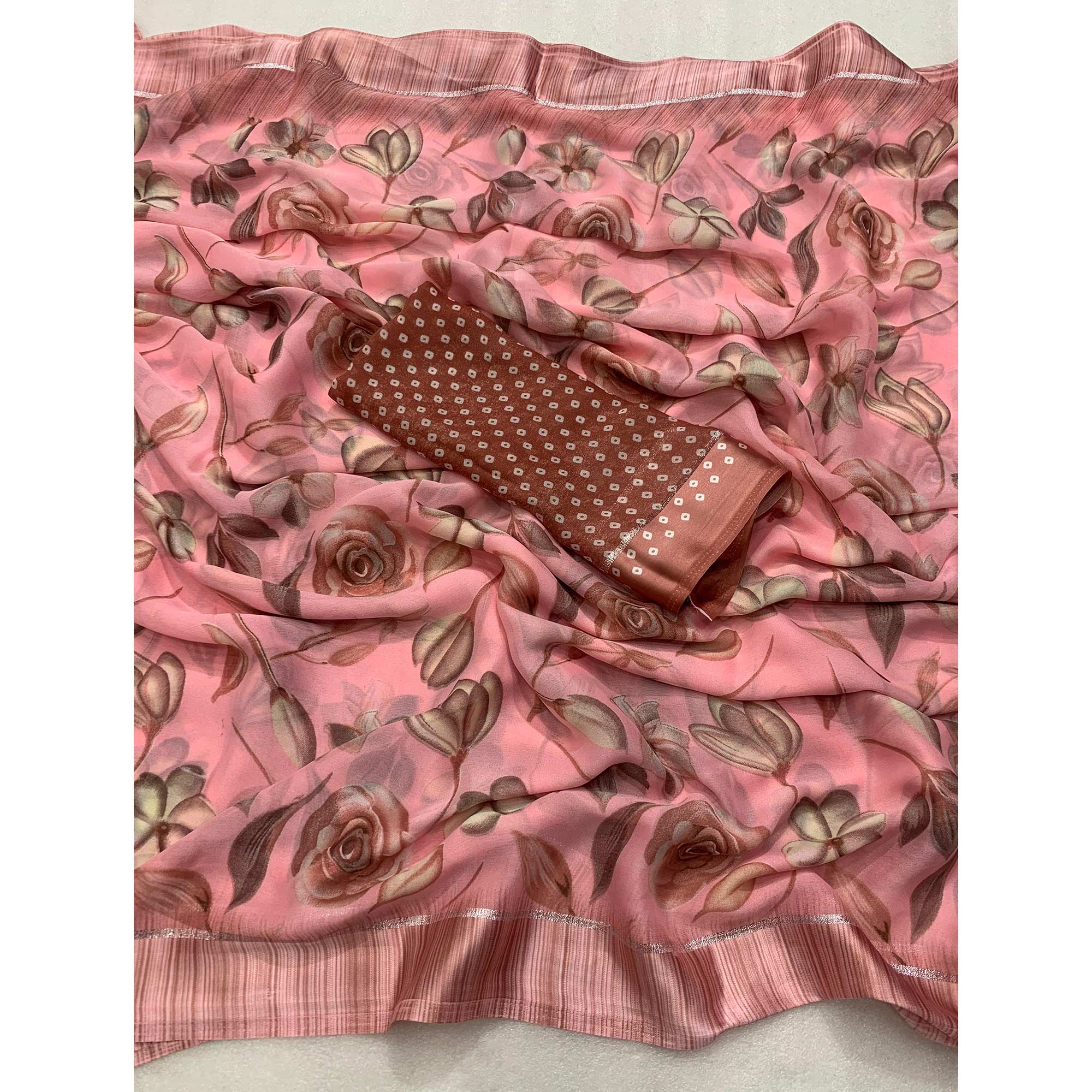 Peach Floral Printed Chiffon Saree