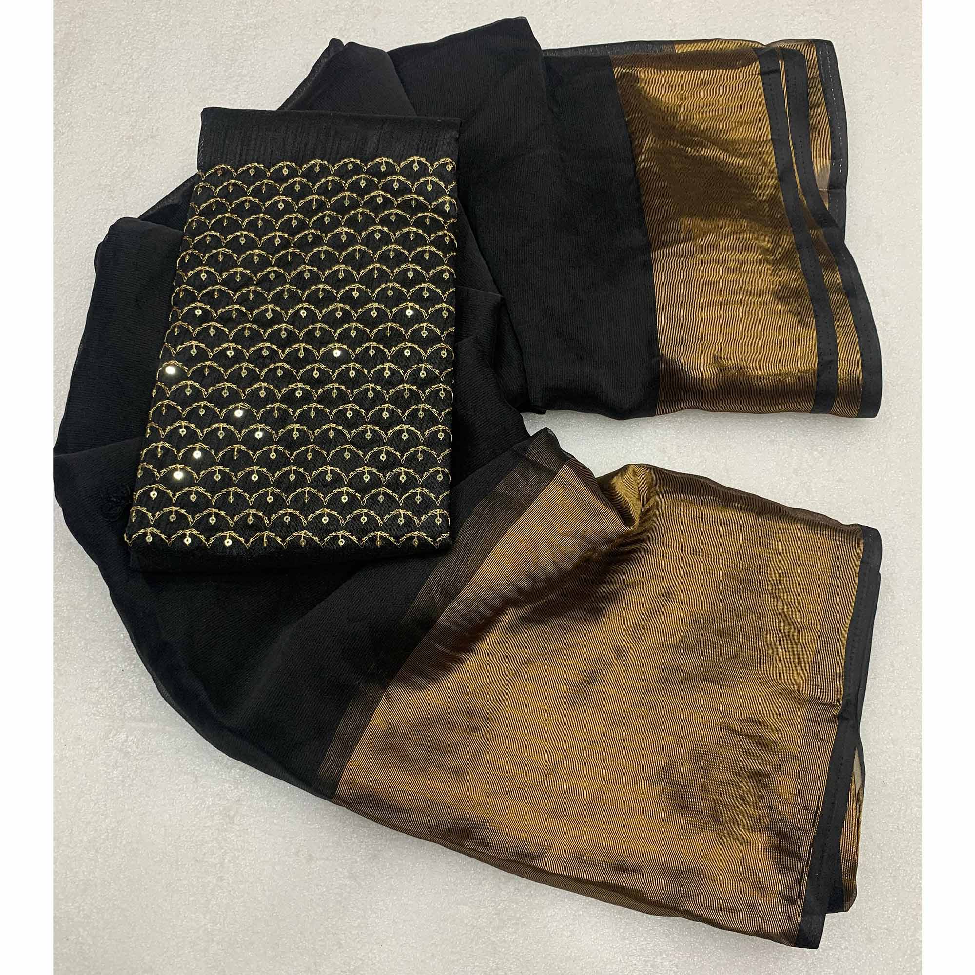 Black Woven Chiffon Saree With Zari Border