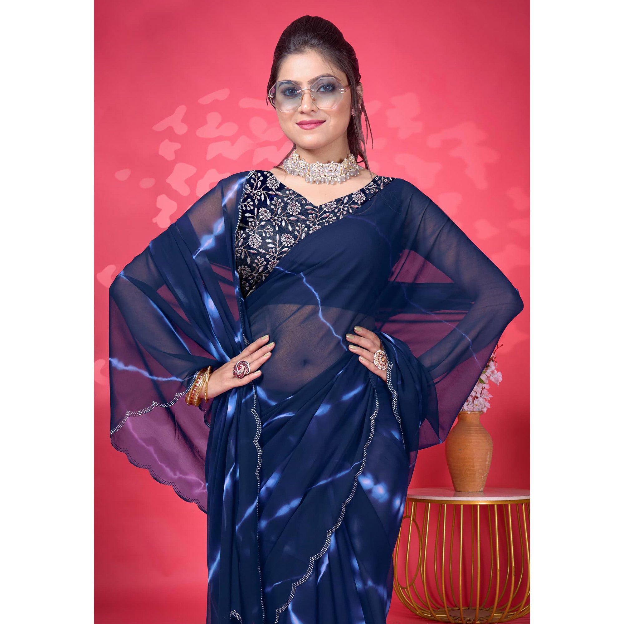 Blue Leheriya Printed Georgette Saree