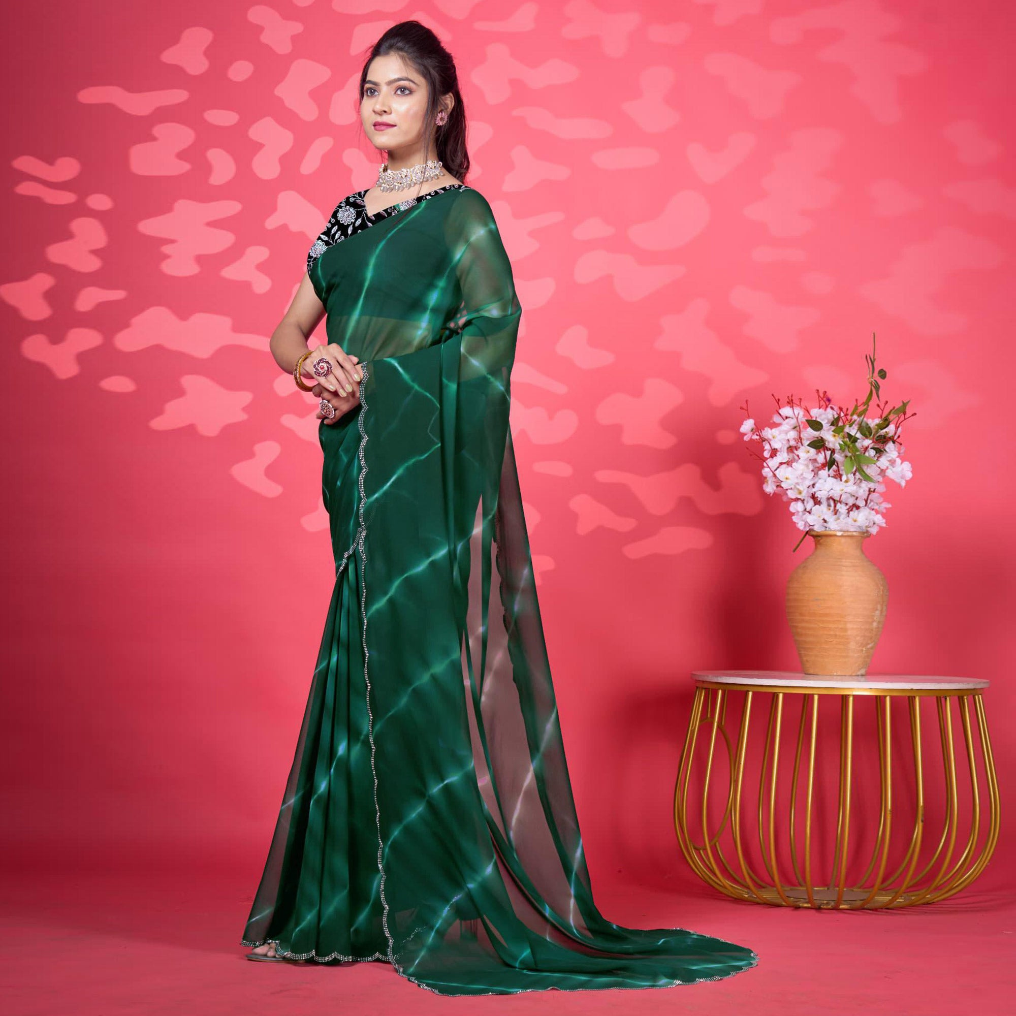 Green Leheriya Printed Georgette Saree