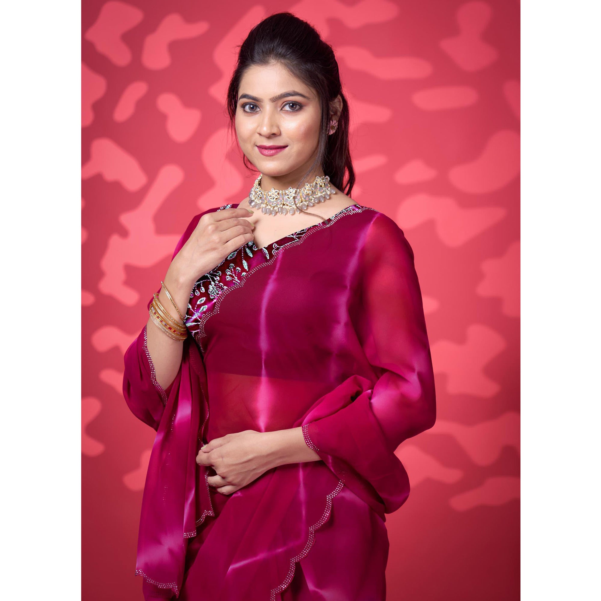 Magenta Leheriya Printed Georgette Saree