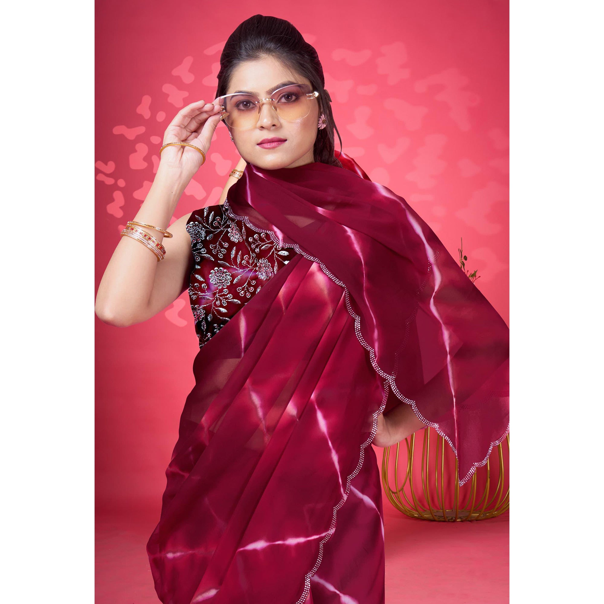 Wine Leheriya Printed Georgette Saree